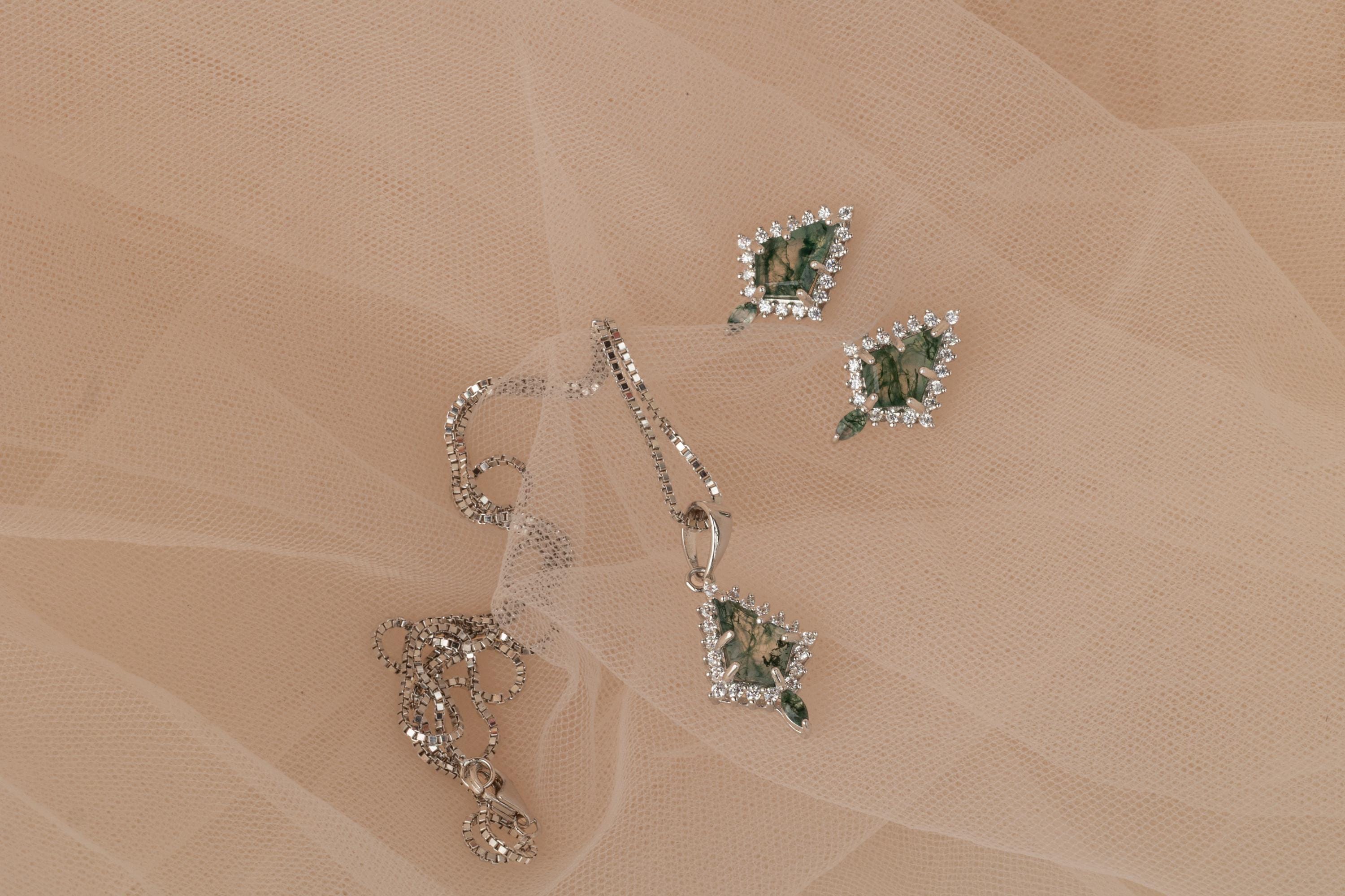 Silver Moss Agate Set, Moss Agate Earrings & Necklace Set, Woman Necklace and Earring Set, Moss Agate Earring and Necklace Set, Matching Set
