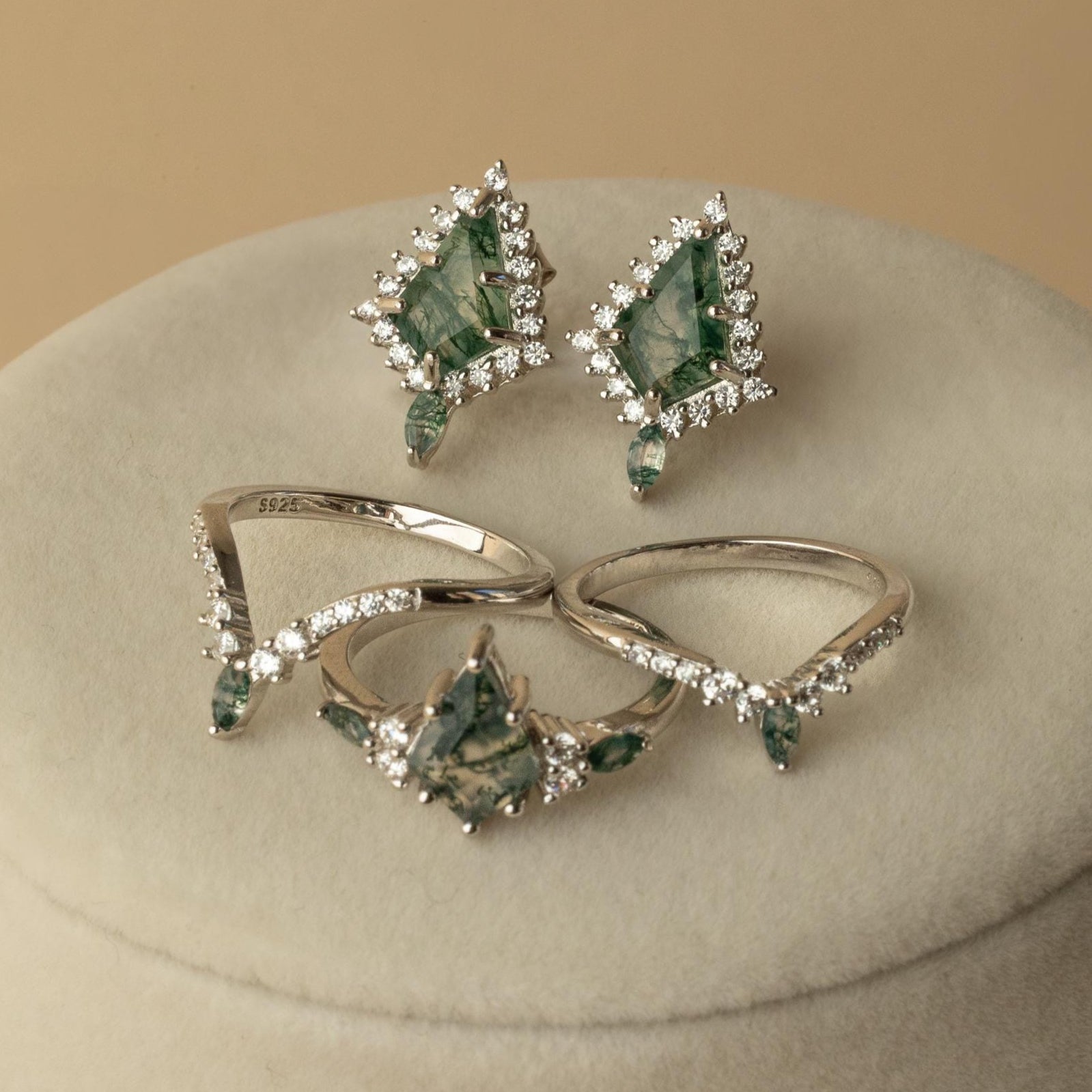 Moss Agate Ring and Earring Set, Moss Agate Matching Set, Woman Earring and Ring Set, Earring Set and Moss Agate Ring, 925 Silver Set