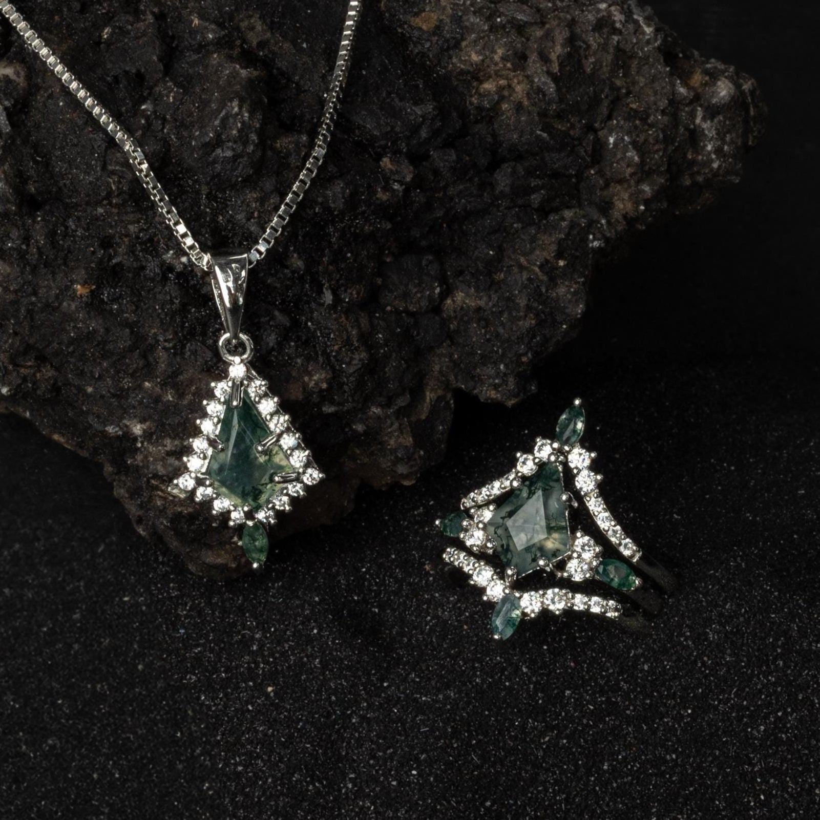 Moss Agate Silver Ring & Necklace Set, Moss Agate Matching Set, Woman Necklace and Ring Set, Moss Agate Ring, Necklace Set, Moss Agate Set