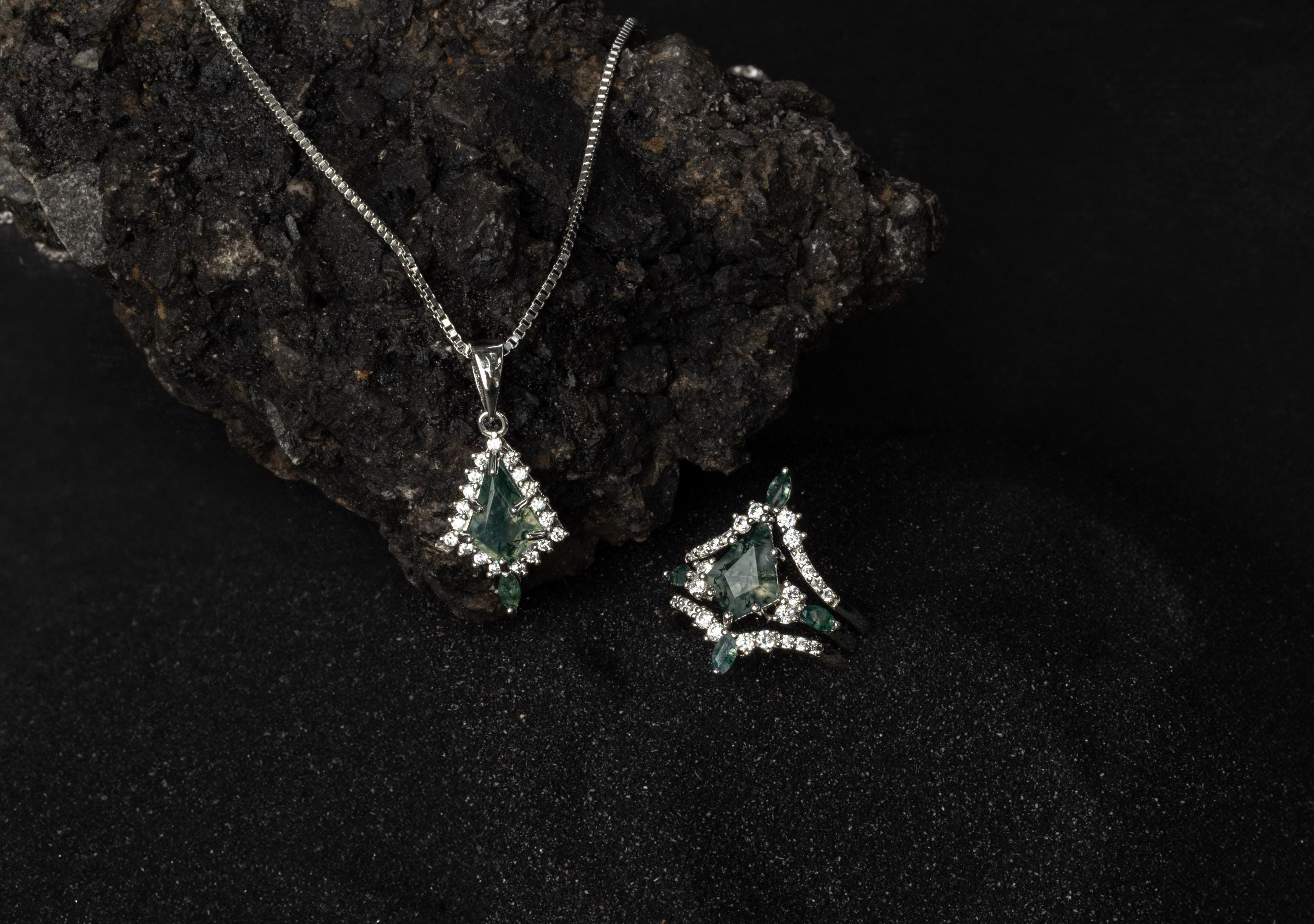 Moss Agate Silver Ring & Necklace Set, Moss Agate Matching Set, Woman Necklace and Ring Set, Moss Agate Ring, Necklace Set, Moss Agate Set