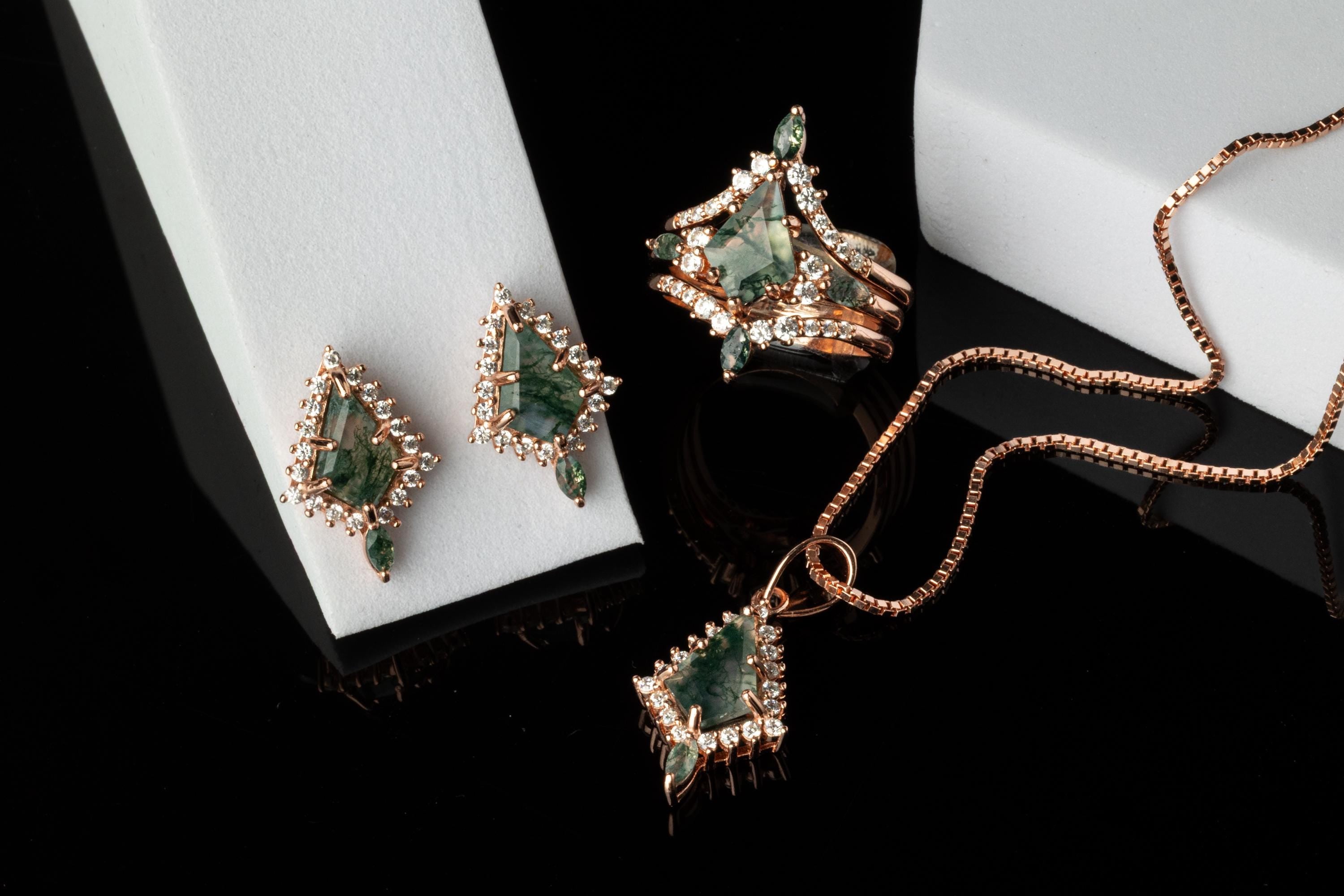 Moss Agate Rose Gold Ring & Necklace and Earring Set, Moss Agate 14K Set, Woman Necklace Earring Ring Set, Moss Earring Ring Necklace Set