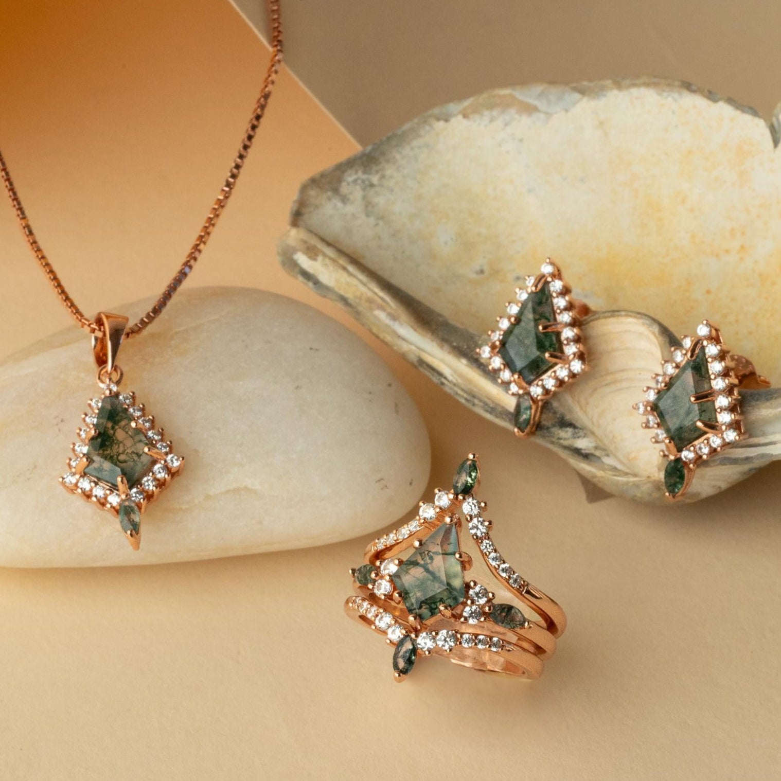 Moss Agate Rose Gold Ring & Necklace and Earring Set, Moss Agate 14K Set, Woman Necklace Earring Ring Set, Moss Earring Ring Necklace Set