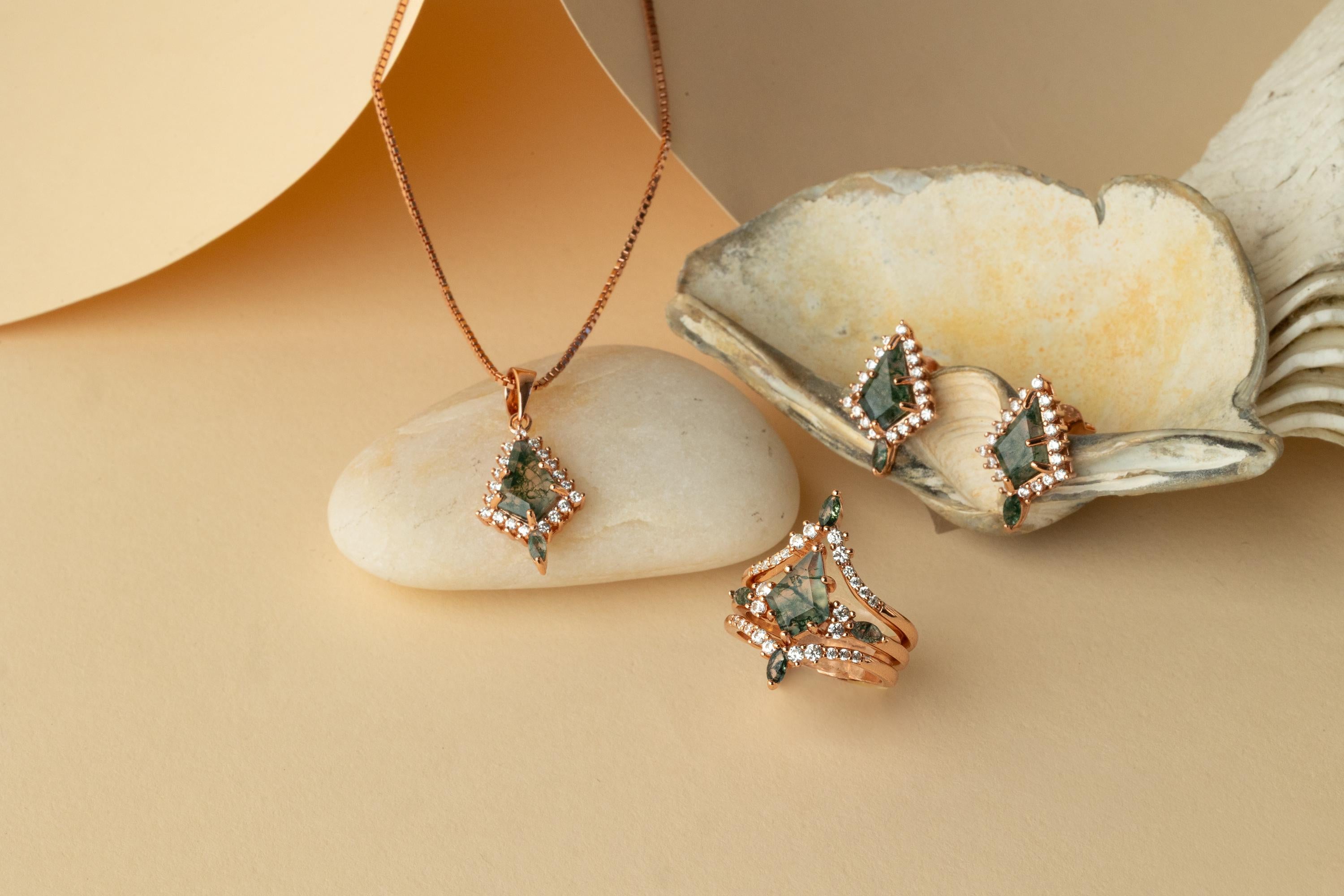 Woman Necklace and Earring Set, Rose Gold Moss Agate Earring and Necklace Set, Moss Agate Rose Gold Set, Moss Agate Earrings & Necklace Set