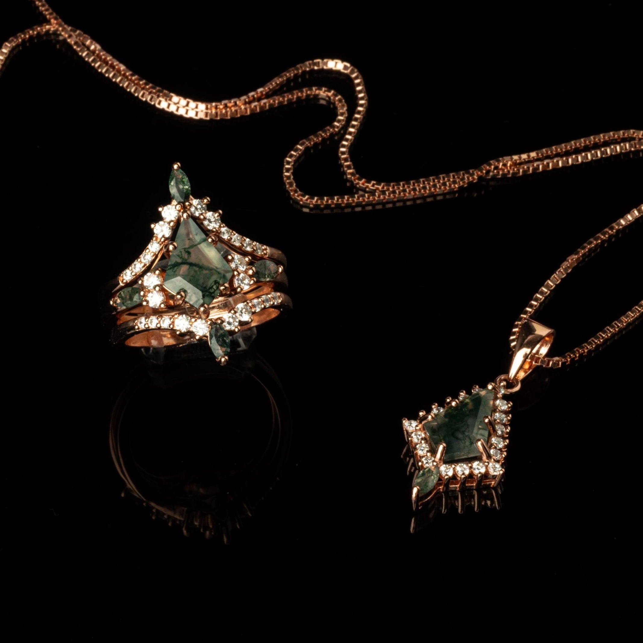 Moss Agate Rose Gold Ring & Necklace Set, Moss Agate Rose Gold Matching Set, Woman Necklace and Ring Set, Moss Agate Ring and Necklace Set