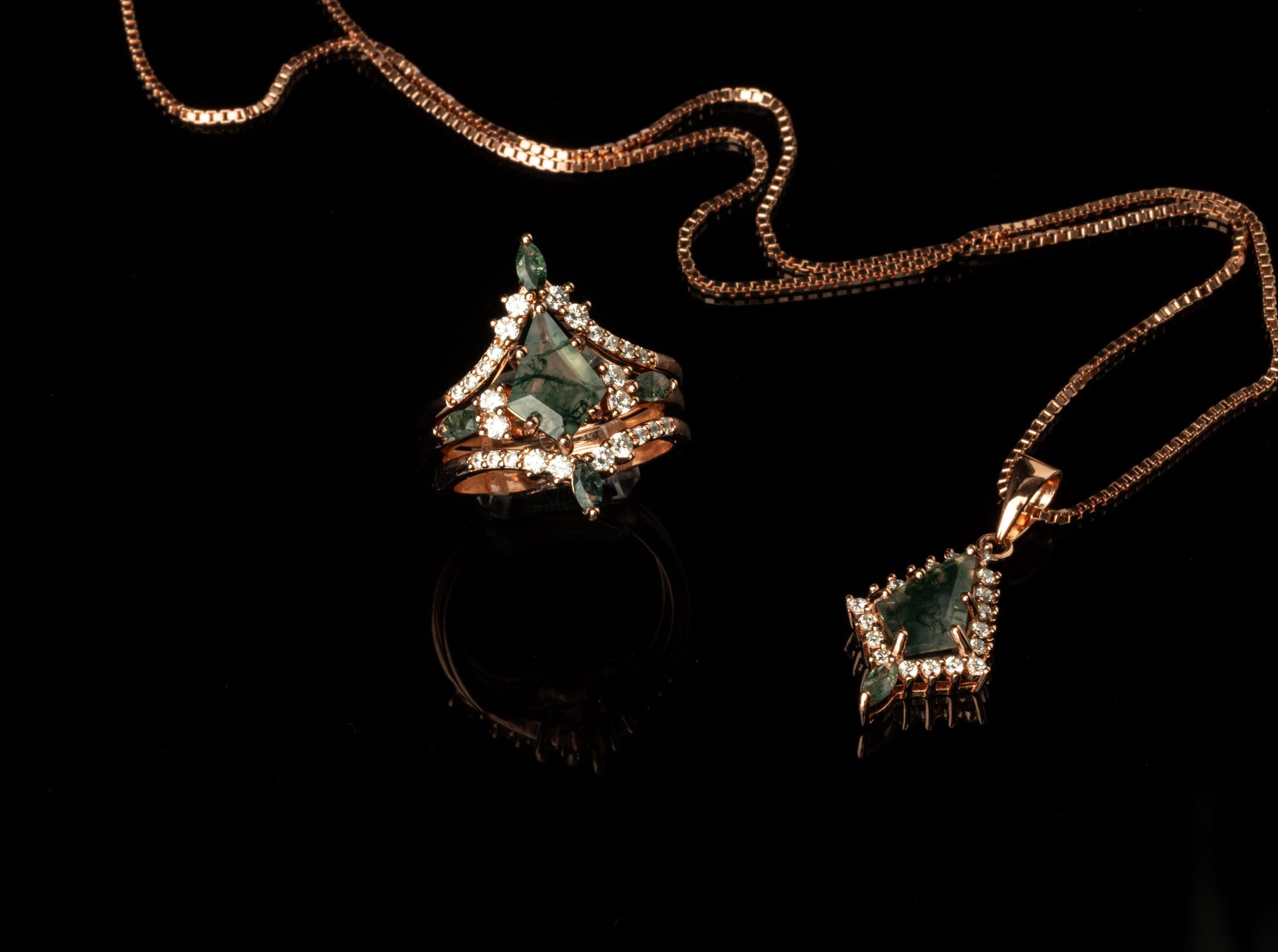 Moss Agate Rose Gold Ring & Necklace Set, Moss Agate Rose Gold Matching Set, Woman Necklace and Ring Set, Moss Agate Ring and Necklace Set