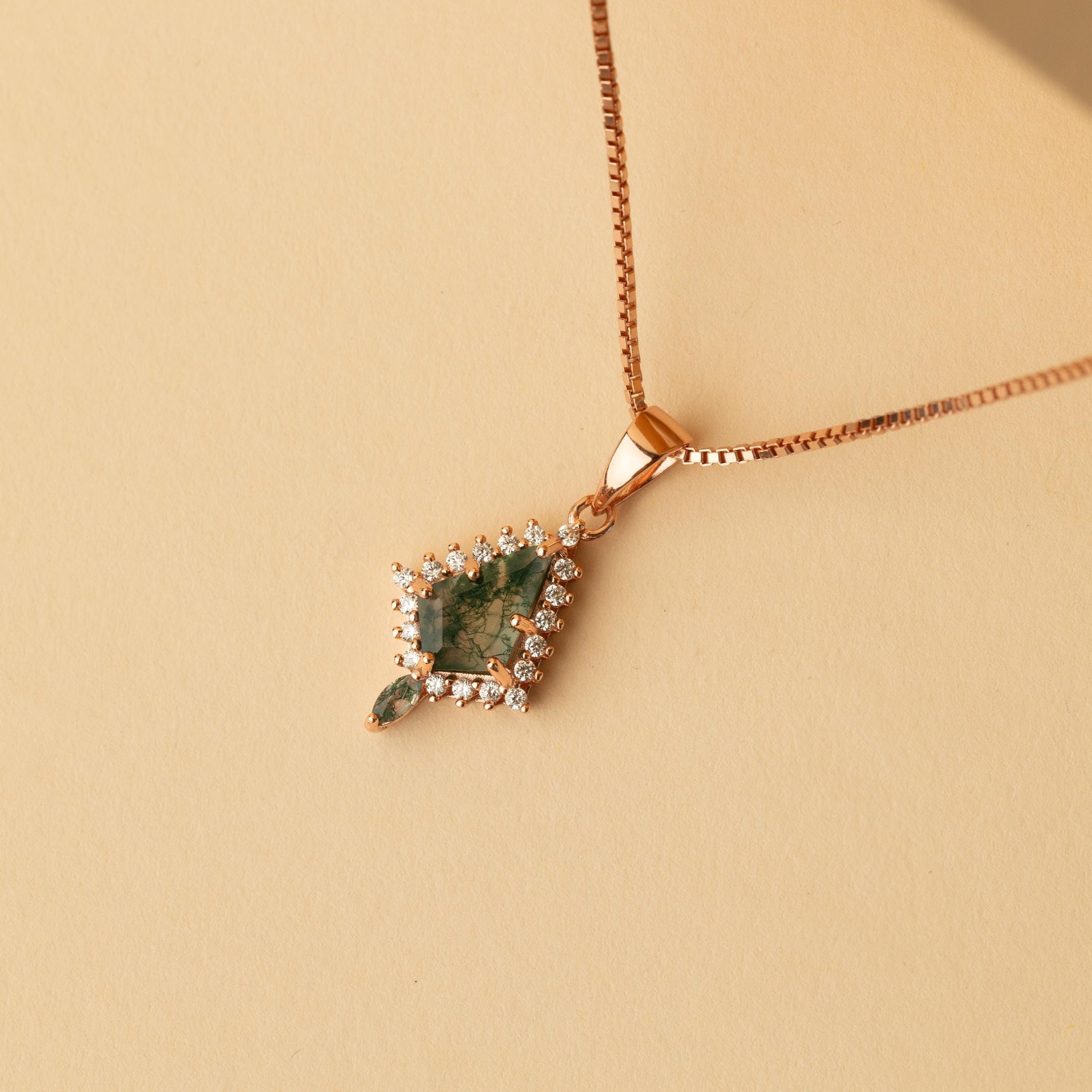Green Moss Agate Rose Gold Necklace, Moss Agate Necklace For Women, 925 Silver Moss Agate Pendant, Rose Gold Moss Agate Necklace, Necklace