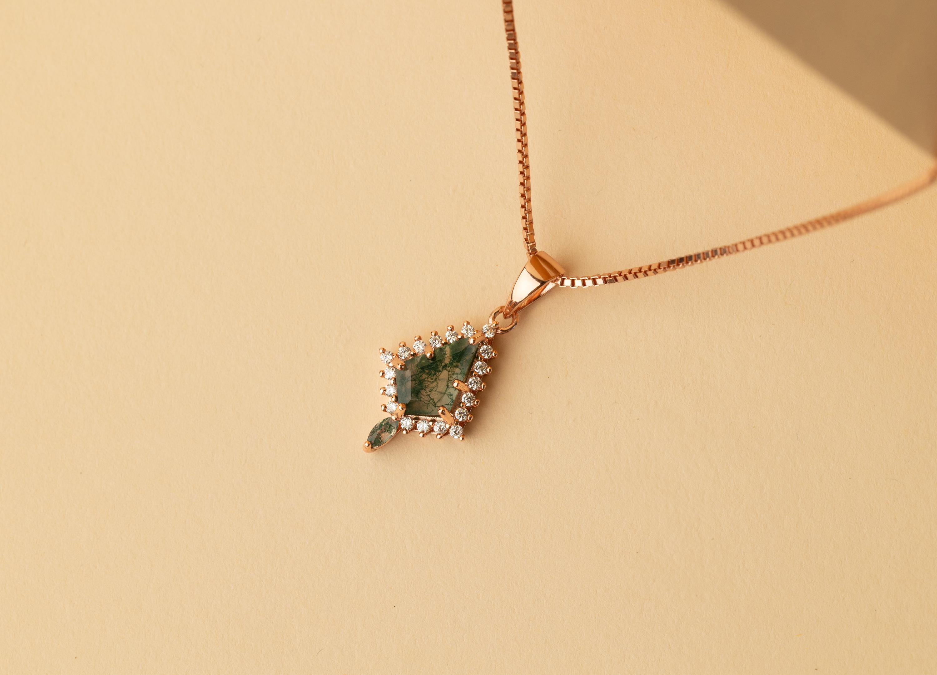 Green Moss Agate Rose Gold Necklace, Moss Agate Necklace For Women, 925 Silver Moss Agate Pendant, Rose Gold Moss Agate Necklace, Necklace