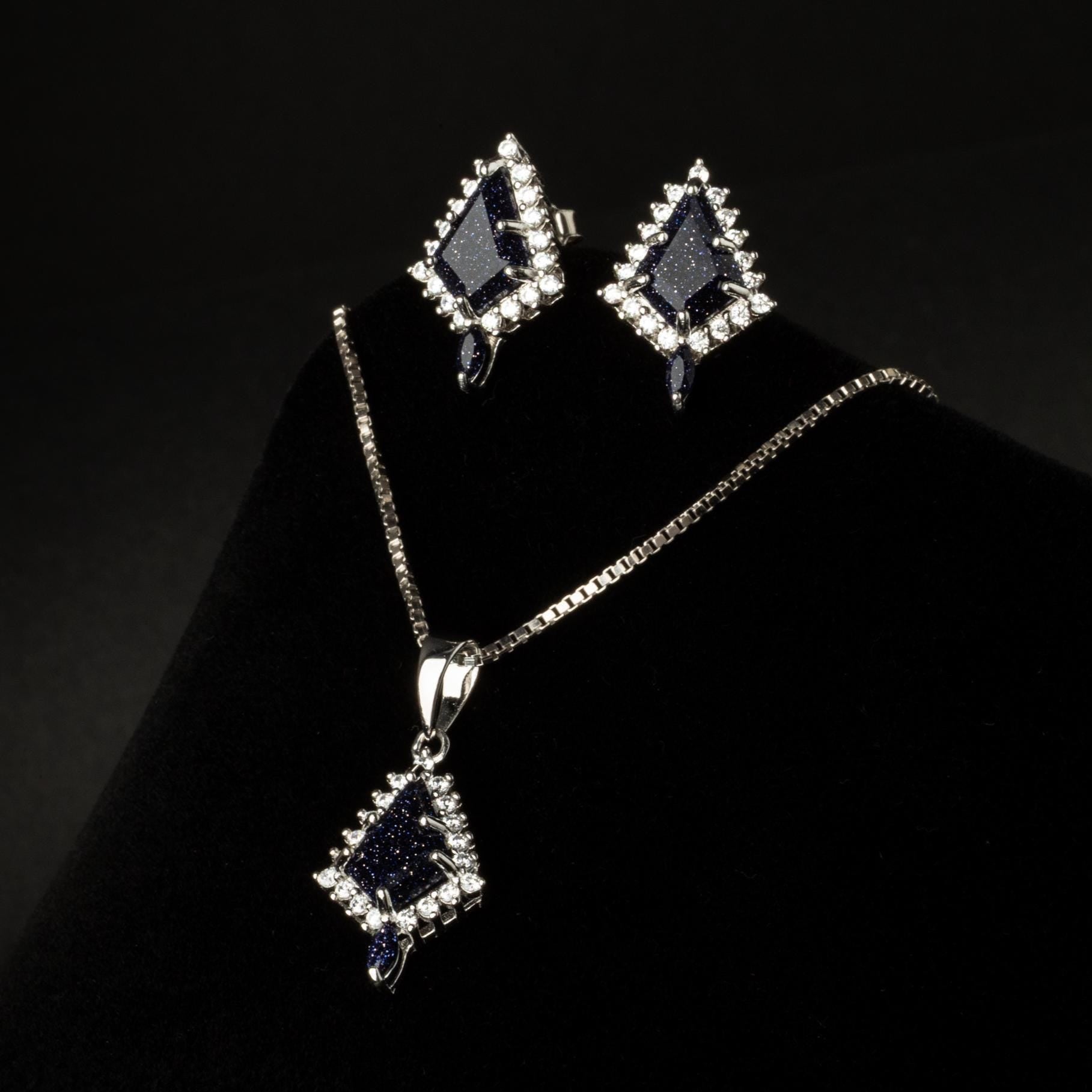 Blue Sandstone Galaxy Necklace & Earrings, Blue Galaxy Sandstone Necklace, Space Necklace, Nebula Earrings, Sterling Silver Matching Set