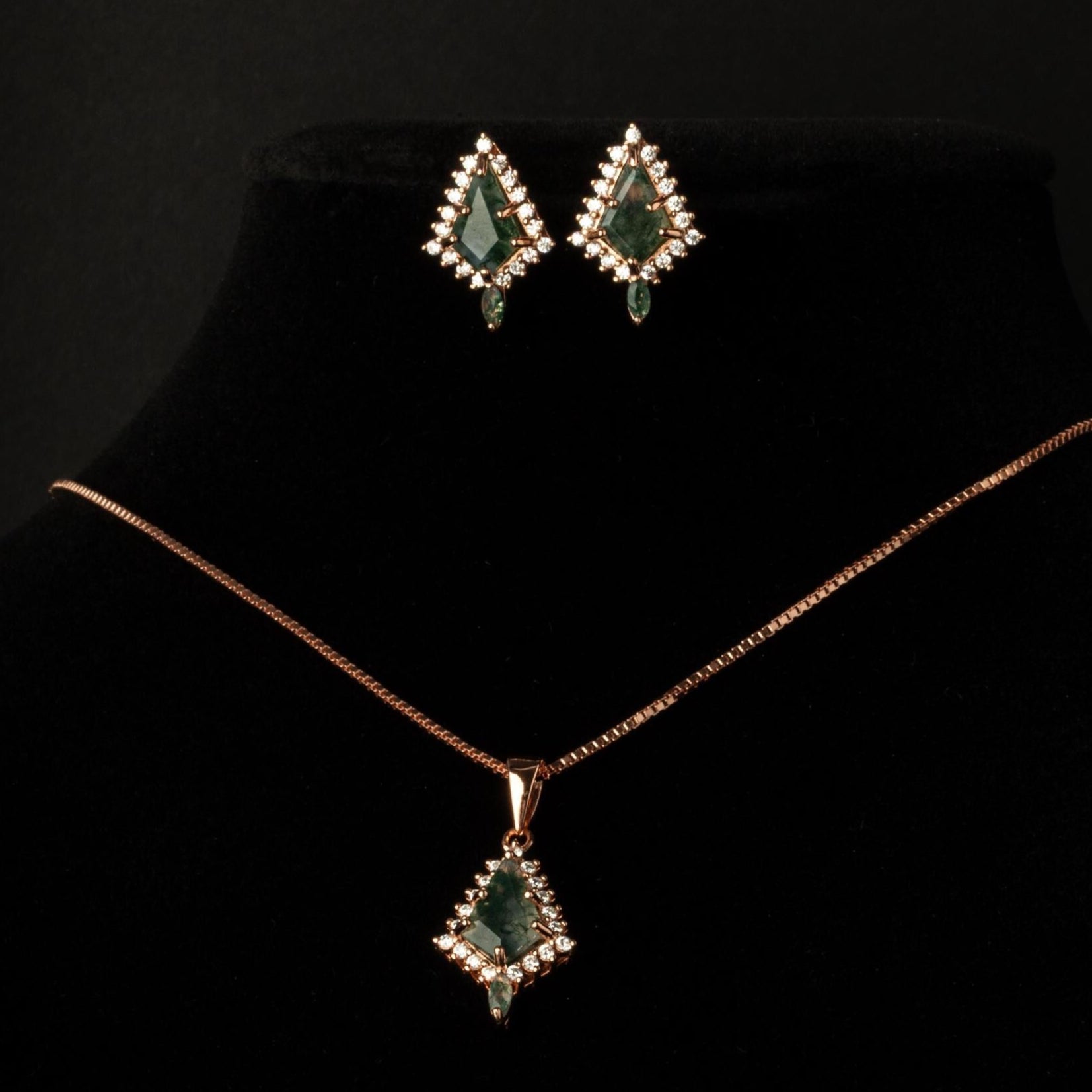 Woman Necklace and Earring Set, Rose Gold Moss Agate Earring and Necklace Set, Moss Agate Rose Gold Set, Moss Agate Earrings & Necklace Set