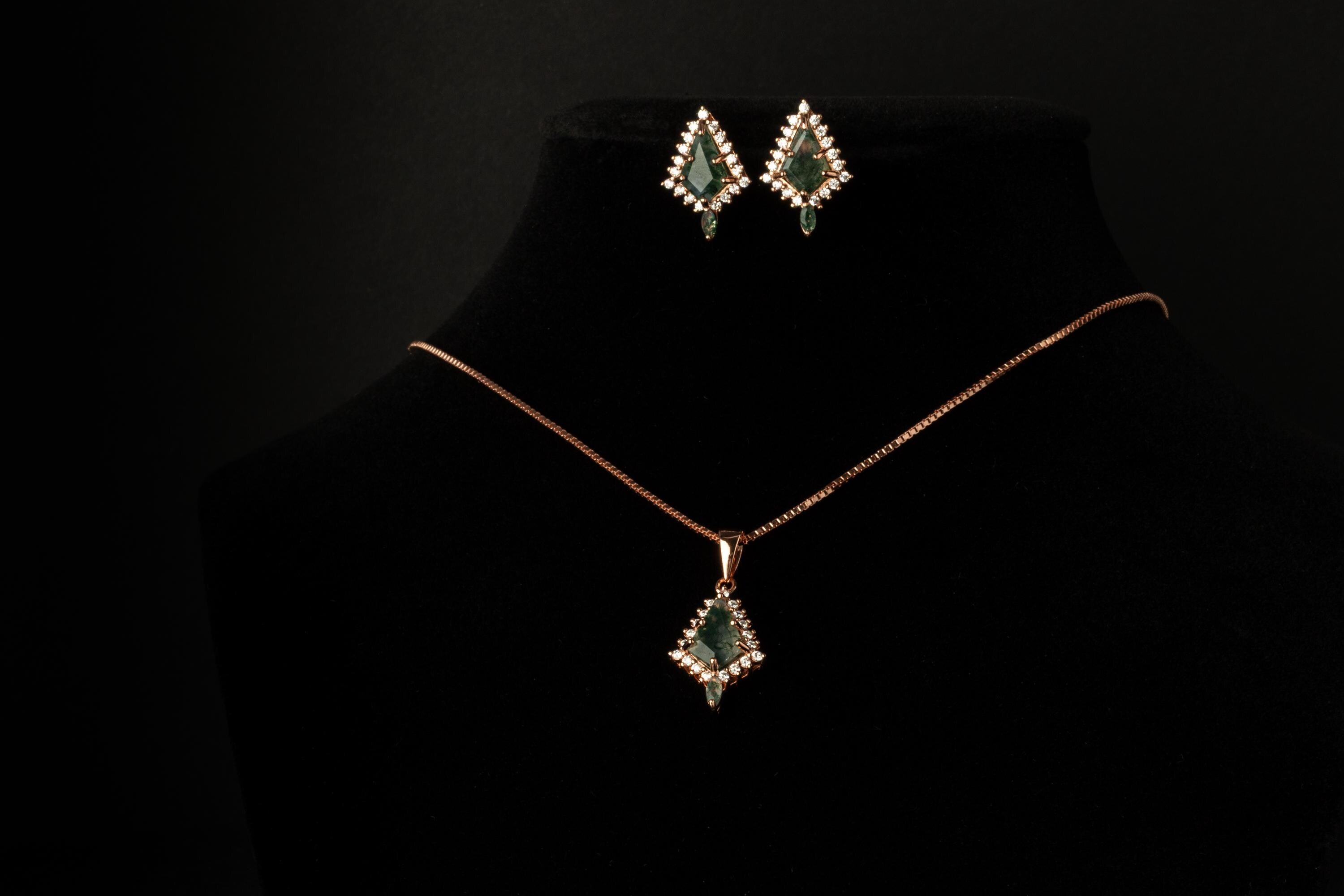 Woman Necklace and Earring Set, Rose Gold Moss Agate Earring and Necklace Set, Moss Agate Rose Gold Set, Moss Agate Earrings & Necklace Set