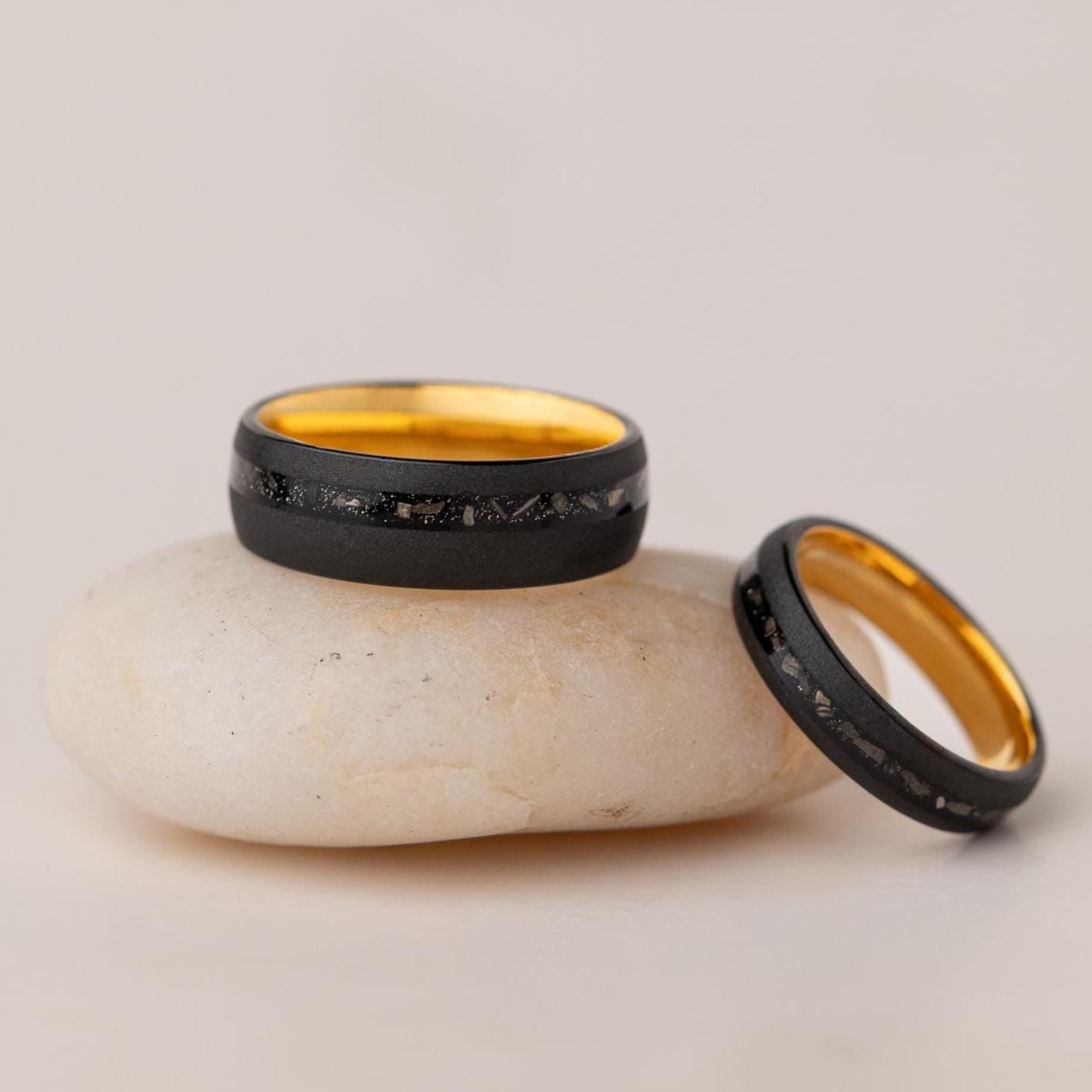 Meteorite Wedding Band Set: Black Tungsten Matching Rings
