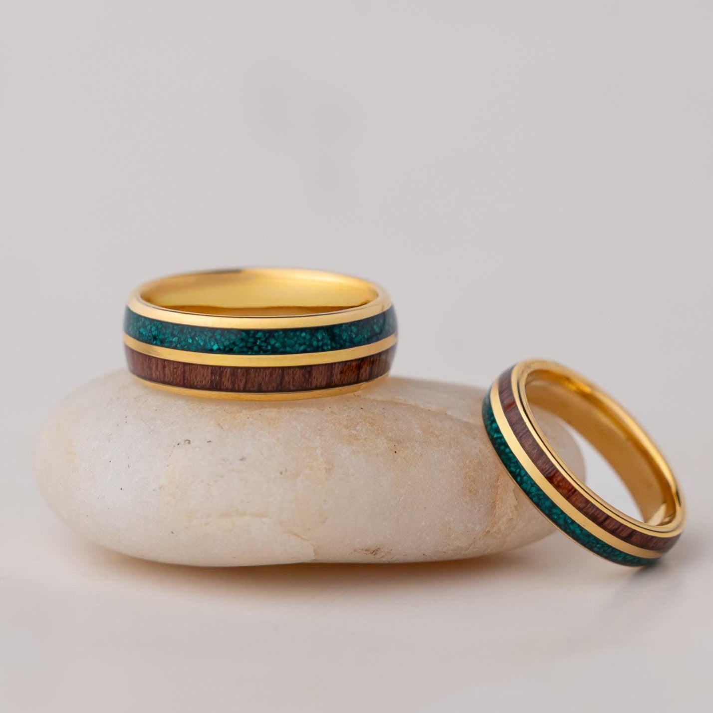 Malachite & Koa Wood Tungsten Wedding Ring Set