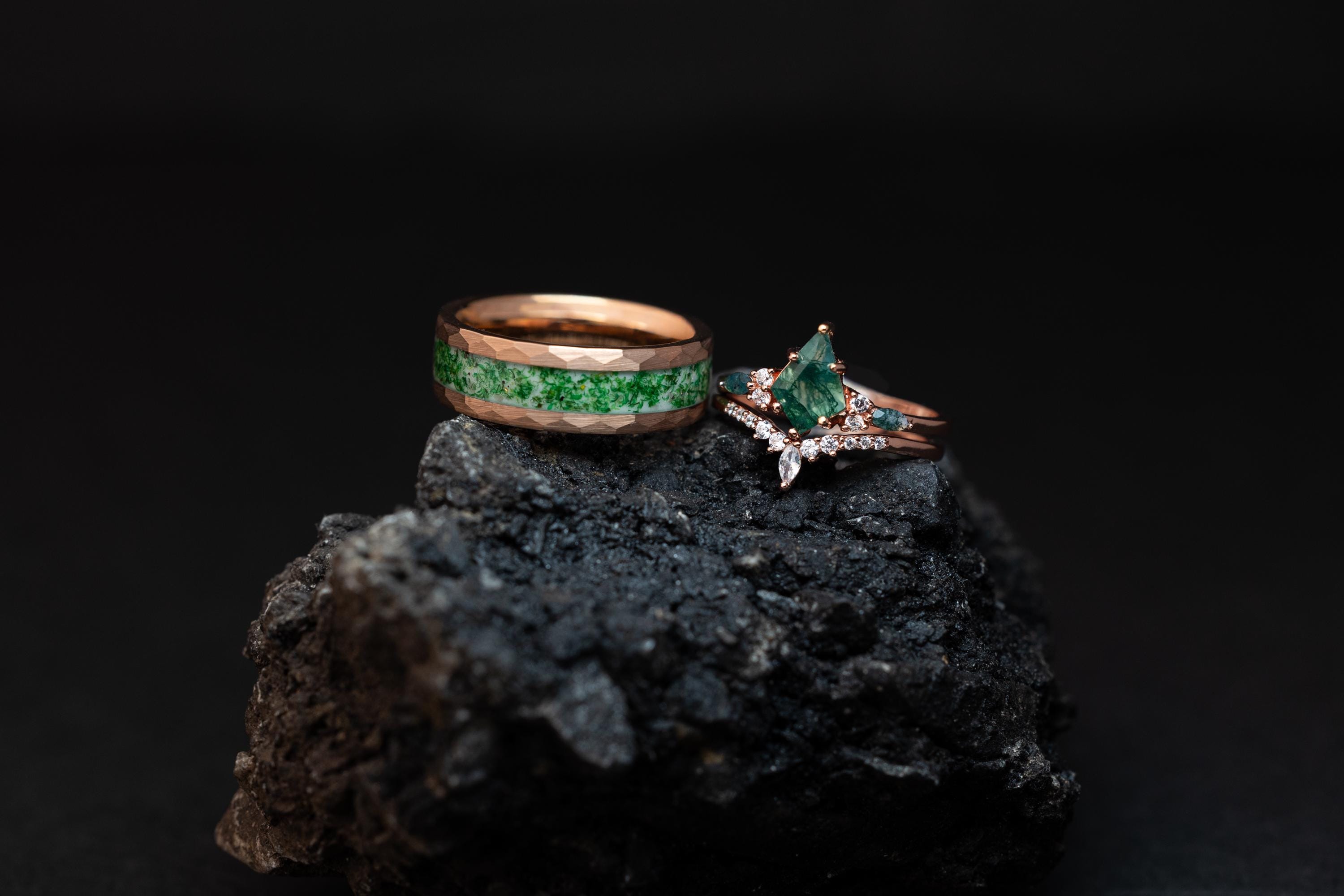 Moss Agate Ring Set: Tungsten Band, Sterling Silver Rose Gold Wedding Bands