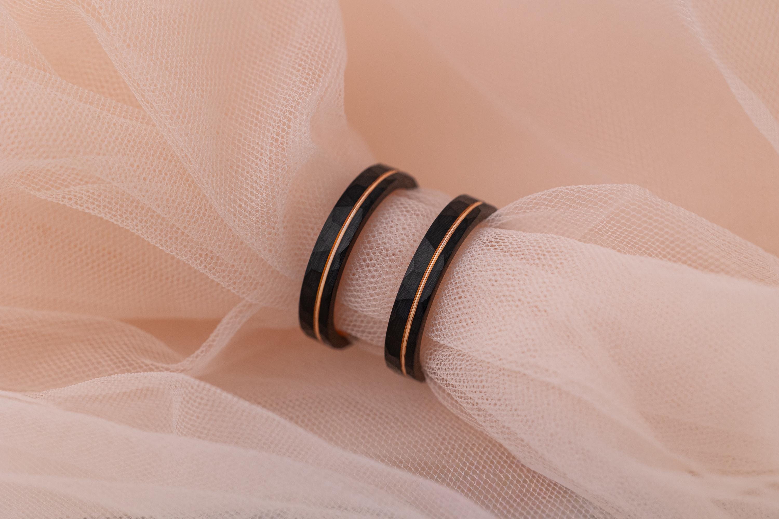 Black Hammered Tungsten Carbide Ring: Rose Gold Womens Wedding Band, 4mm