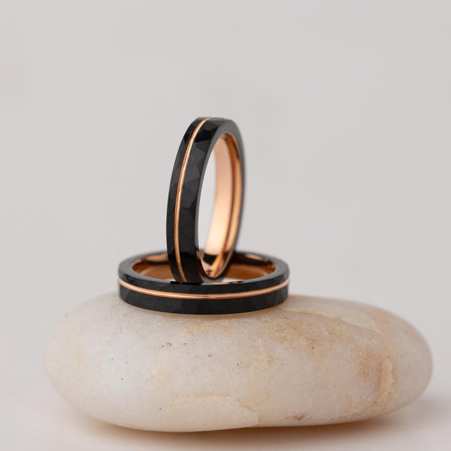 Shadow Fall - Black Hammered Ring, Rose Gold Strip Band, 4mm Width