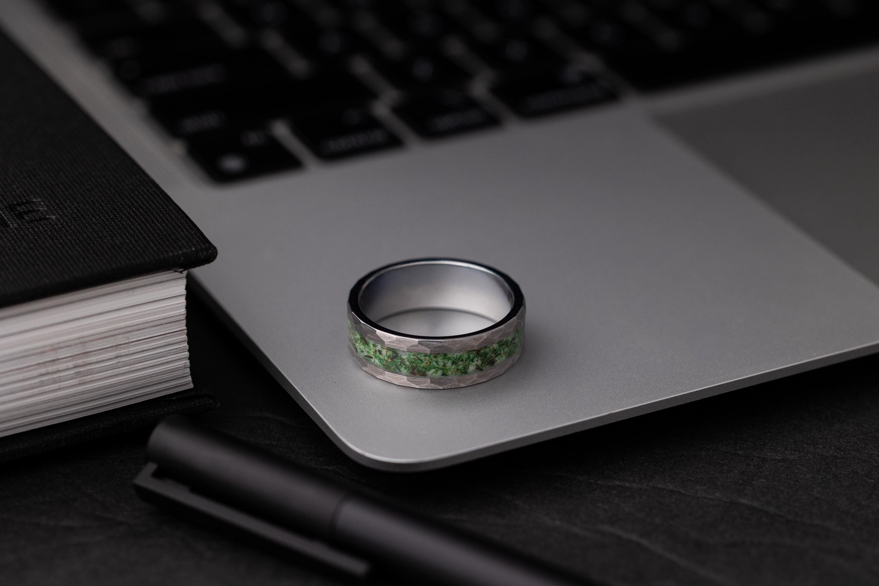 Hammered Metallic Gray Tungsten Moss Agate Ring - 8mm Wedding Band