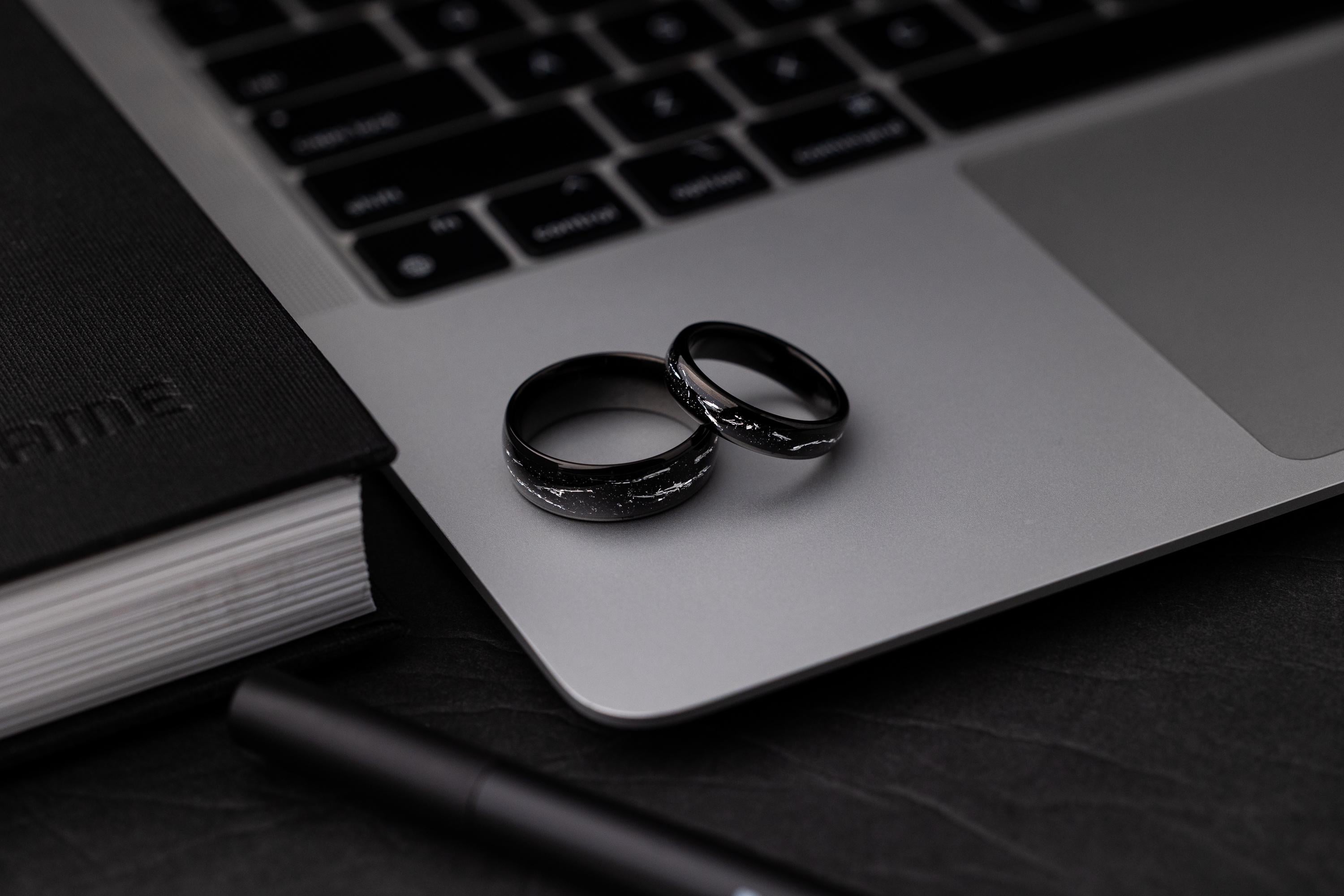 Cosmic Galaxy Rings Wedding Set: Black Sand with Silver Foil