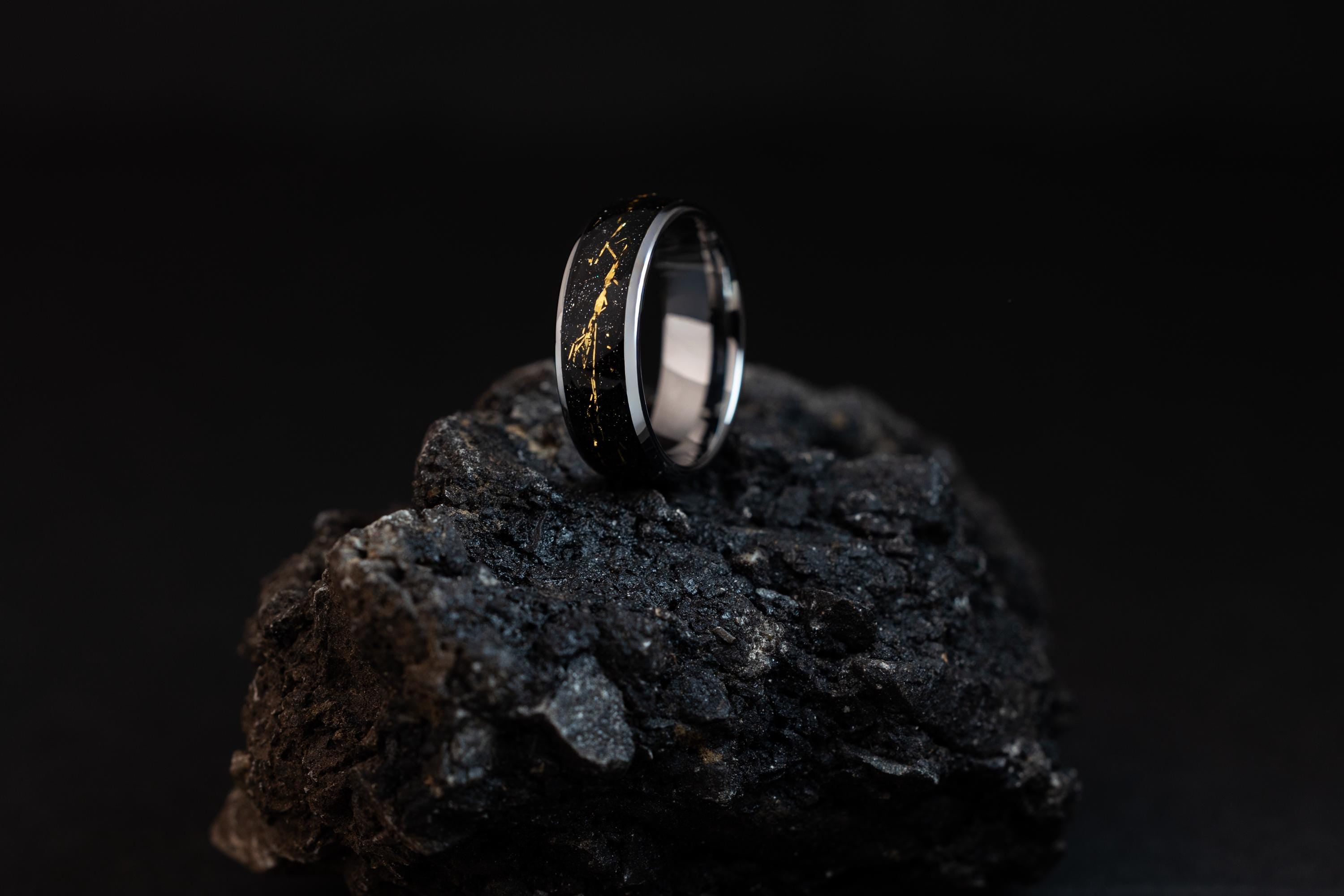 Tungsten Wedding Band: Cosmic Galaxy Silver Ring with Gold Foil (8mm)
