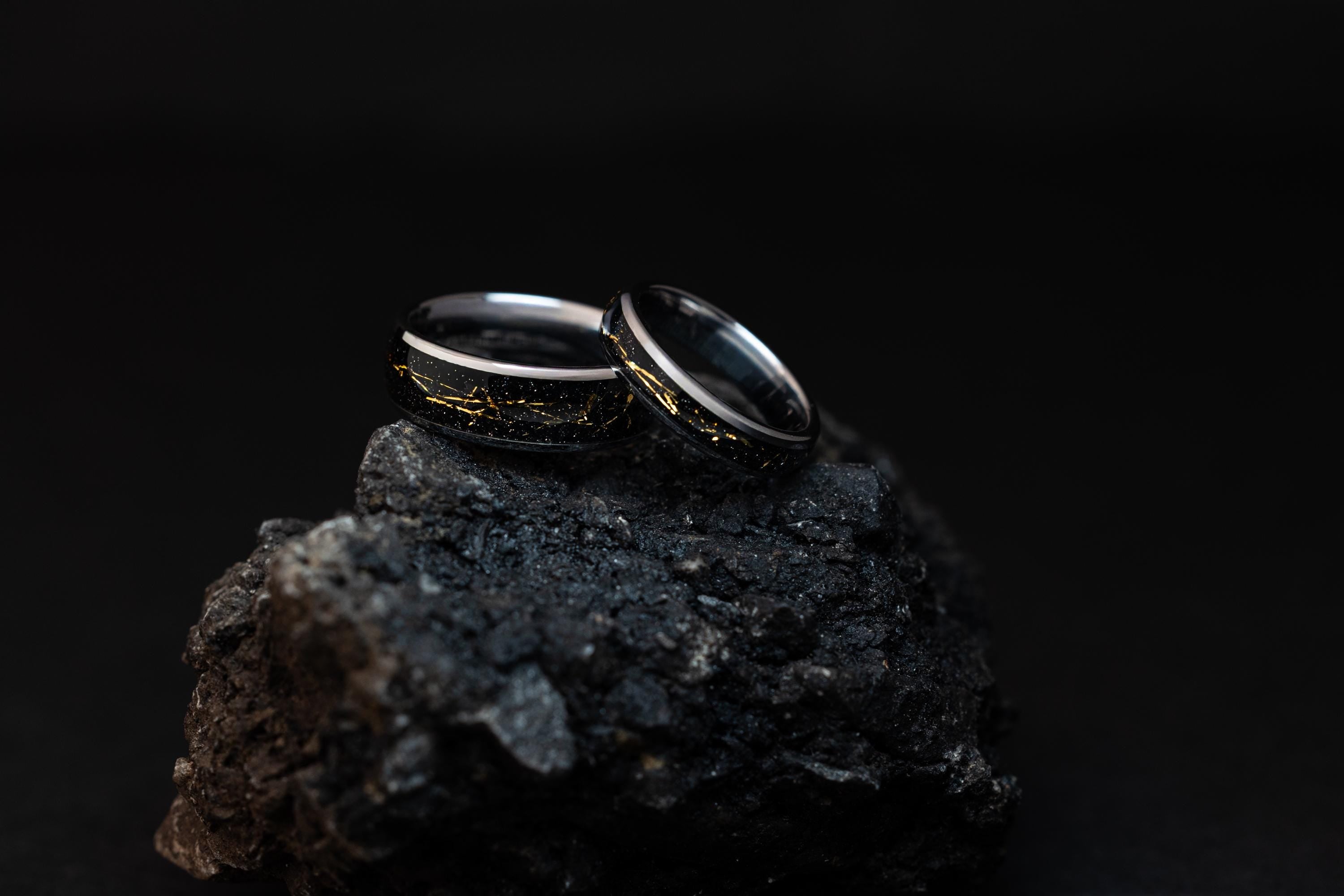 Cosmic Galaxy Rings Wedding Set: Silver Band with Black Sand and Gold Foil