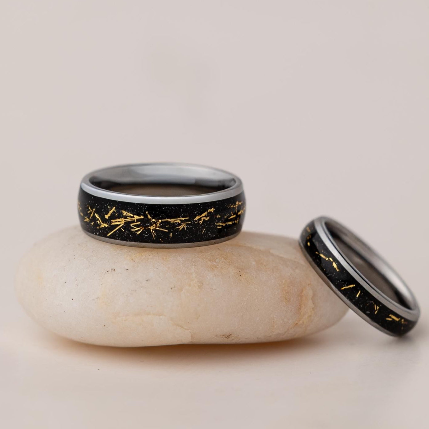 Cosmic Galaxy Rings Wedding Set: Silver Band with Black Sand and Gold Foil