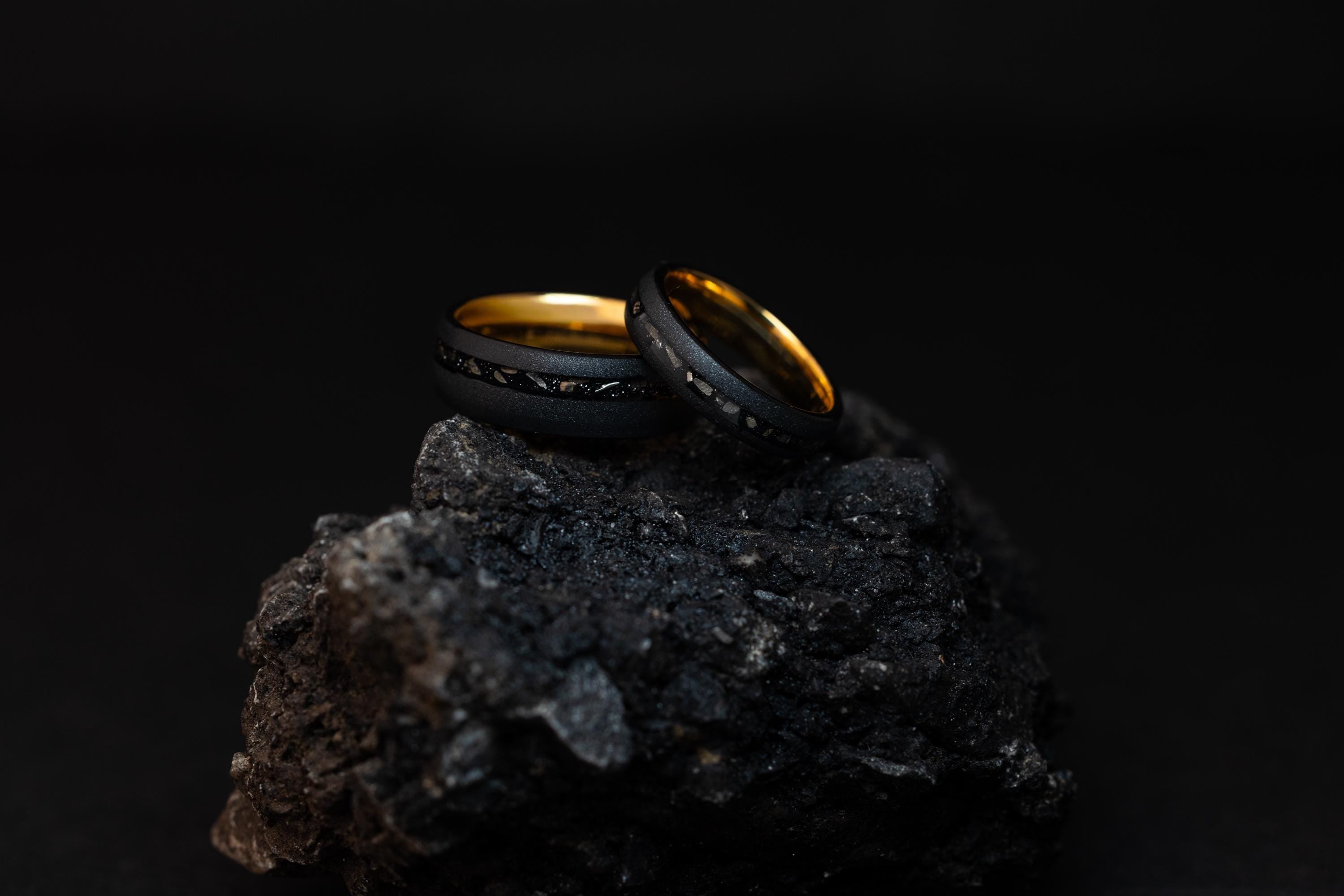 Meteorite Wedding Band Set: Black Tungsten Matching Rings