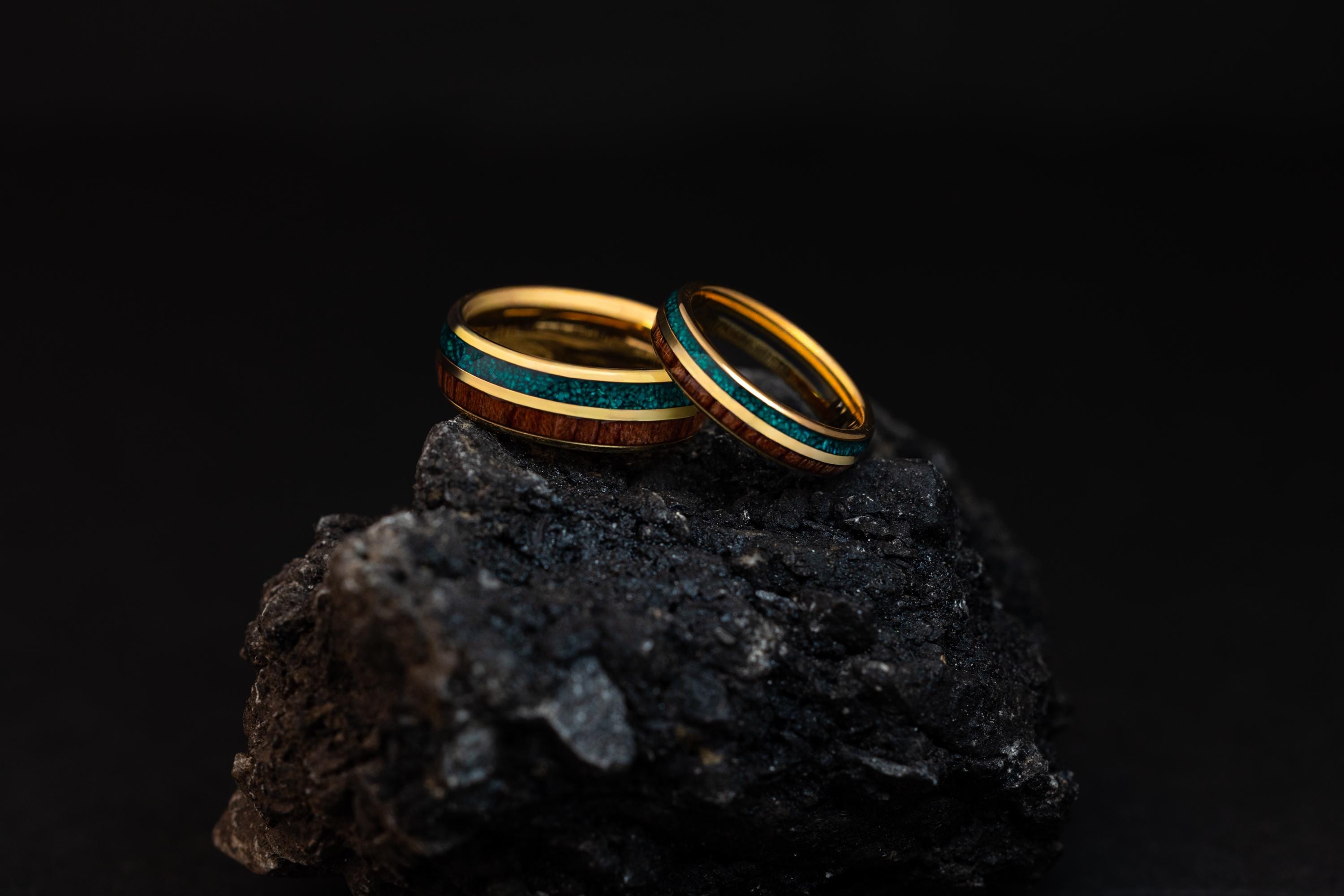 Malachite & Koa Wood Tungsten Wedding Ring Set