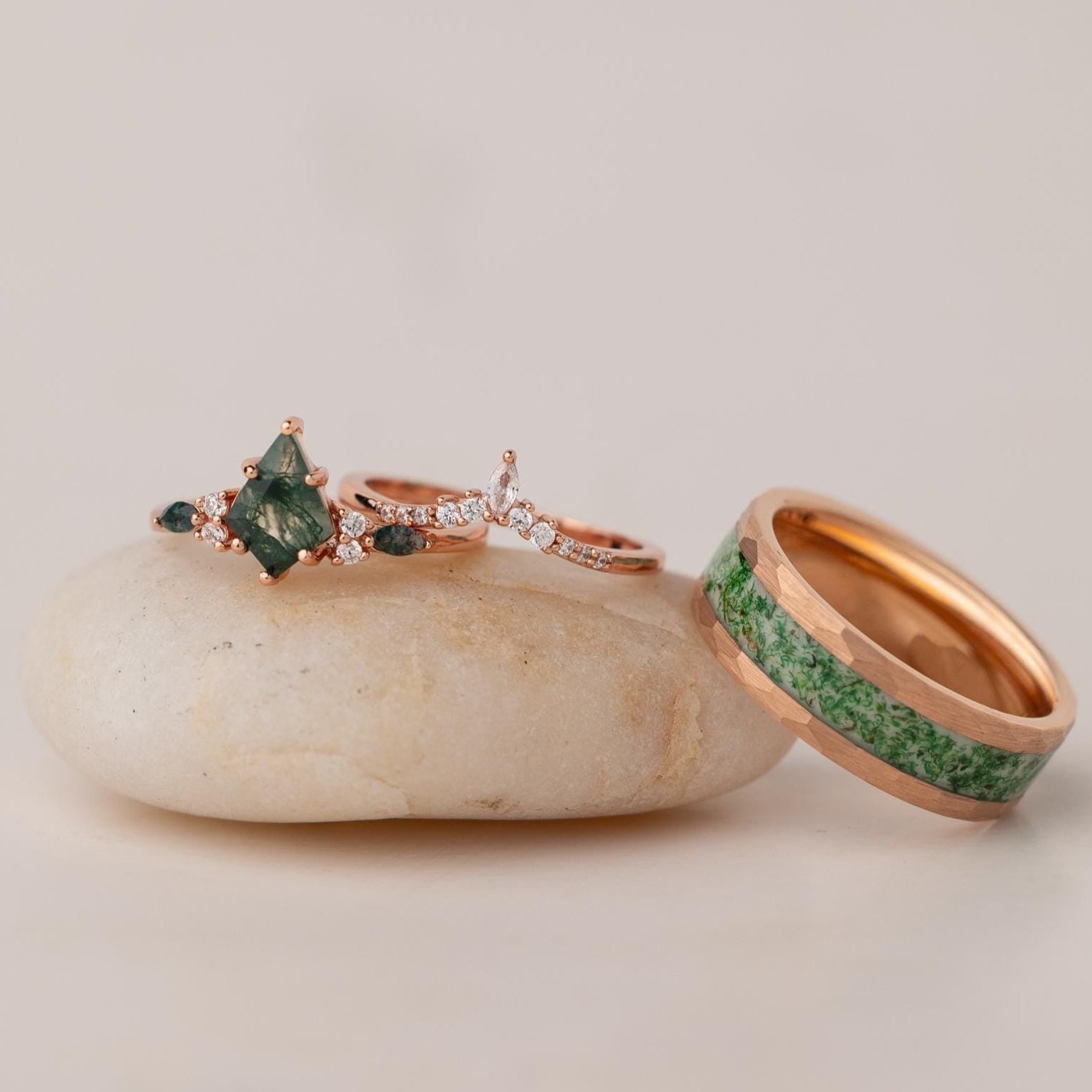 Moss Agate Ring Set: Tungsten Band, Sterling Silver Rose Gold Wedding Bands