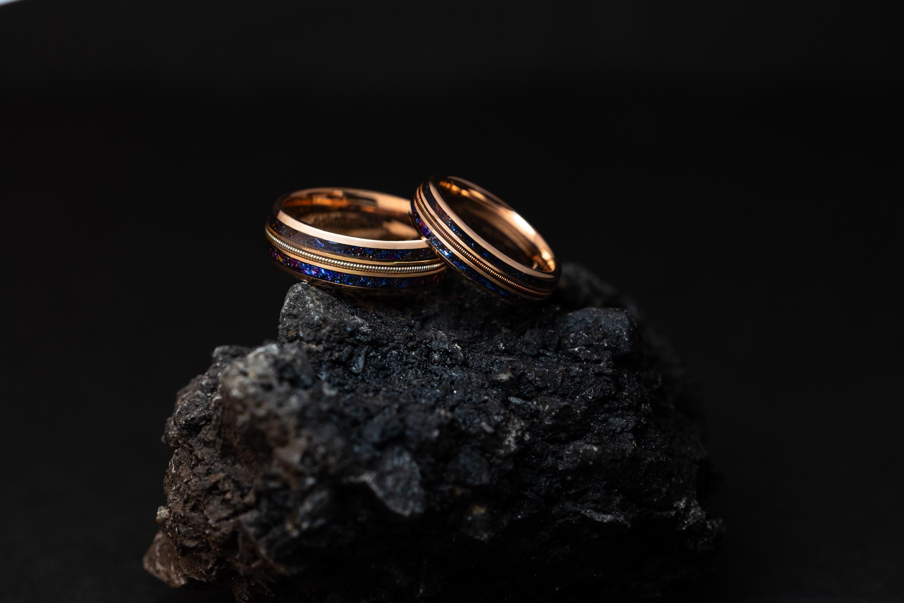 Tungsten Carbide Ring: Rose Gold, Galaxy Inlay & Guitar String - Couples Ring