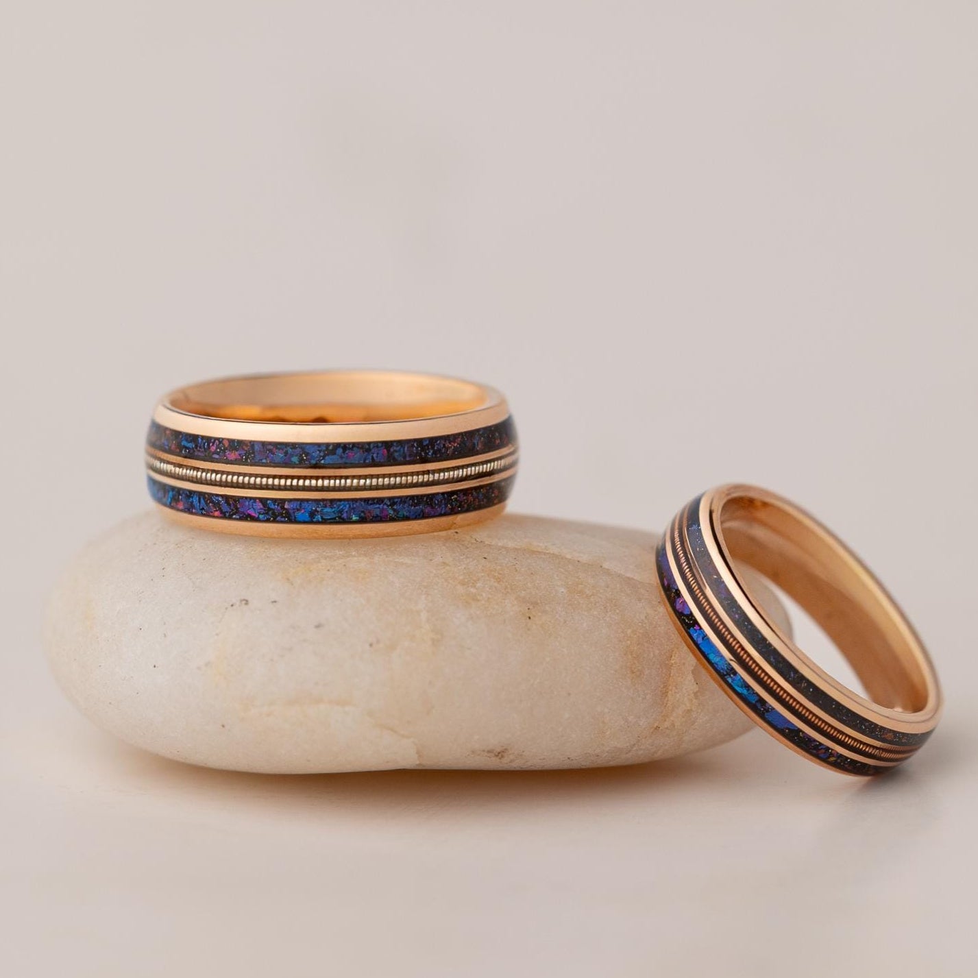 Tungsten Carbide Ring: Rose Gold, Galaxy Inlay & Guitar String - Couples Ring