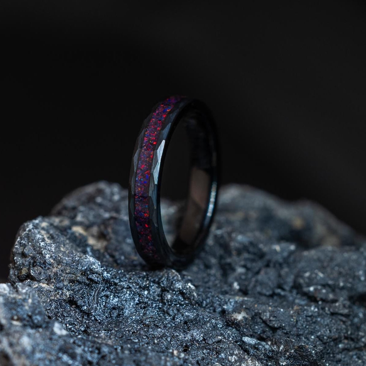 Black Tungsten Womens Ring: Crushed Fire Opal Hammered Wedding Band, 4mm
