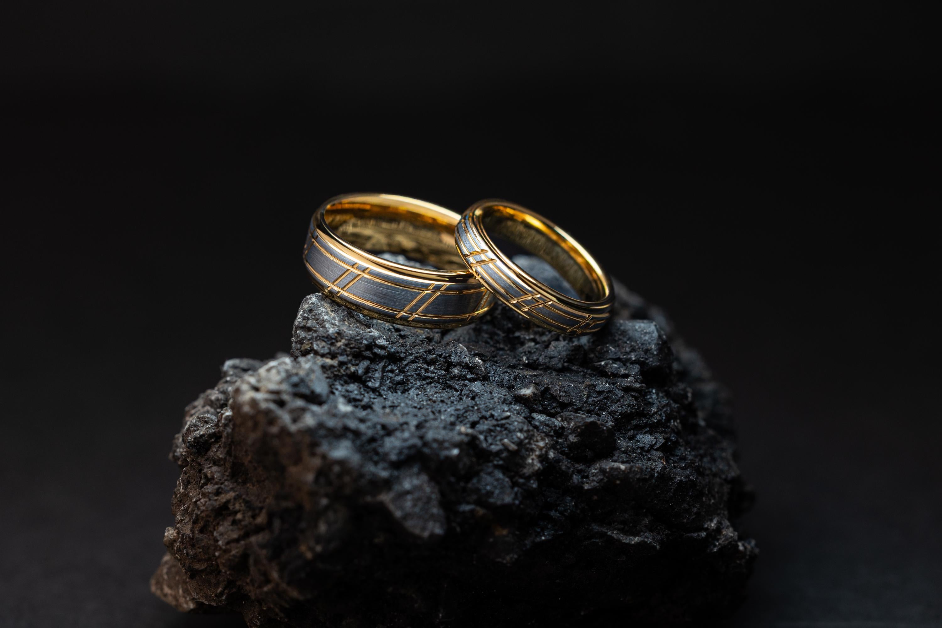 Brushed Tungsten Carbide Couple Rings: Yellow Gold Slotted Wedding Band Set