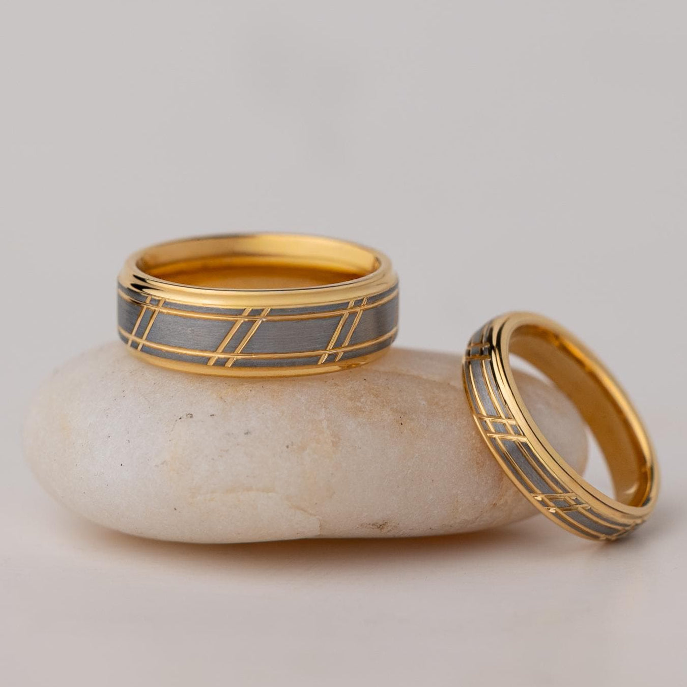 Brushed Tungsten Carbide Couple Rings: Yellow Gold Slotted Wedding Band Set