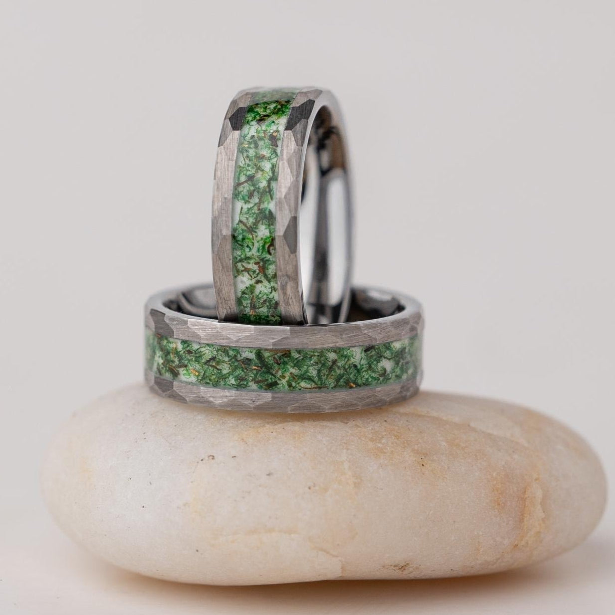 Hammered Metallic Gray Tungsten Moss Agate Ring - 8mm Wedding Band