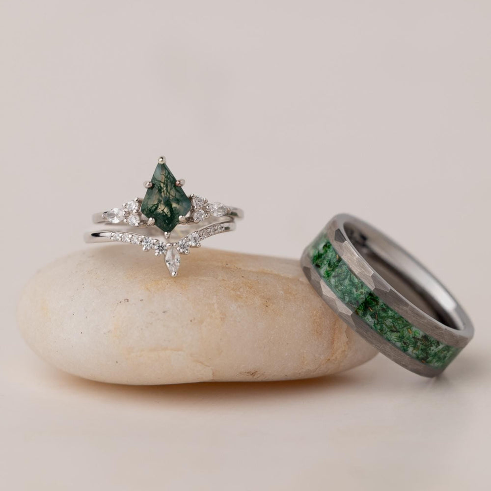 Kite Flight - Moss Agate Ring Set, Couples Rings Set