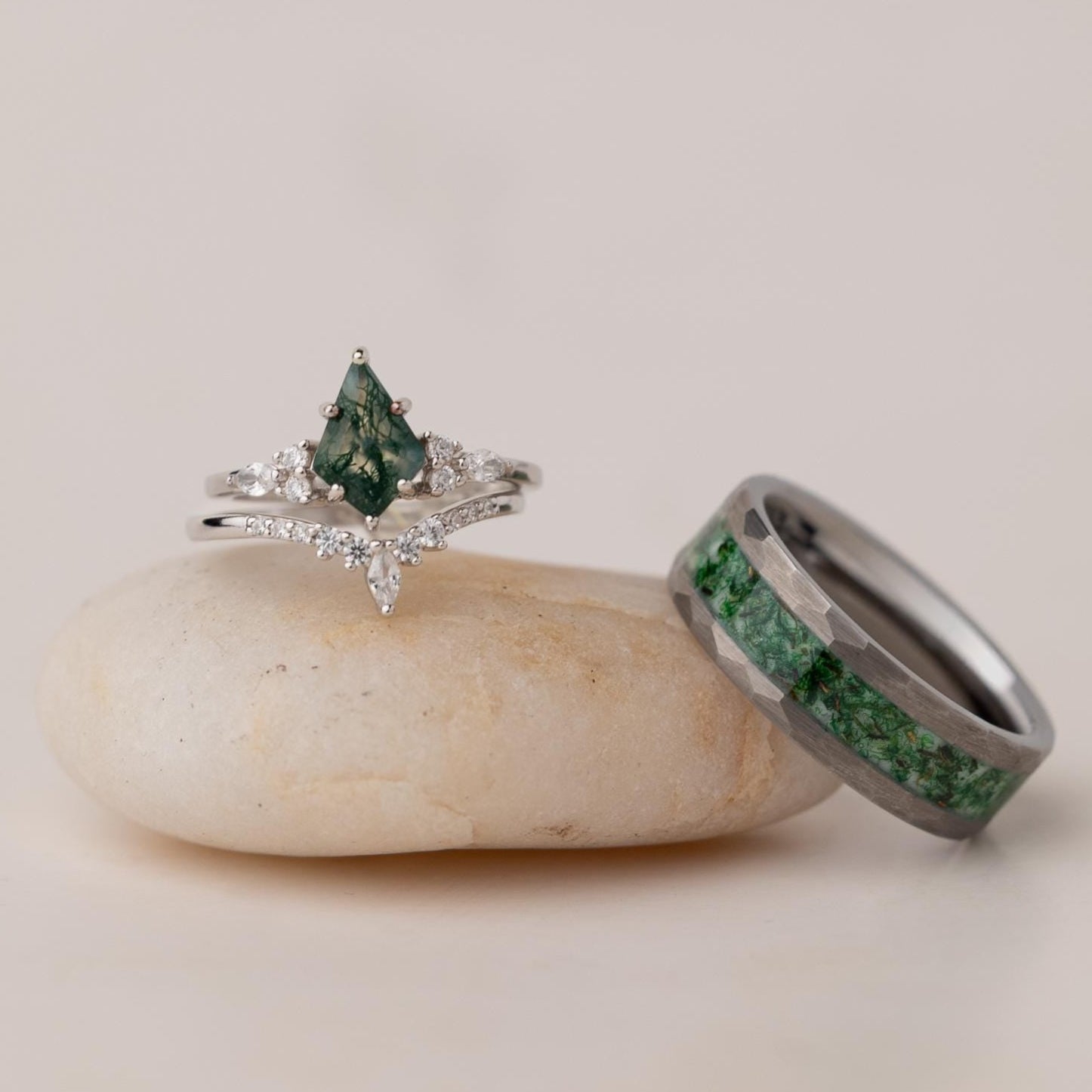 Moss Agate Ring Set: Tungsten Band, Couples Wedding Bands
