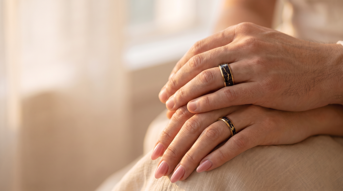 His and hers hands wearing matching Golden Flash rings