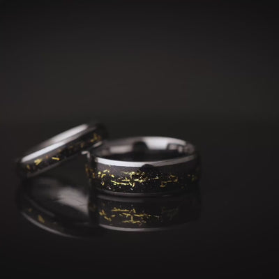 Cosmic Galaxy Rings Wedding Set: Silver Band with Black Sand and Gold Foil