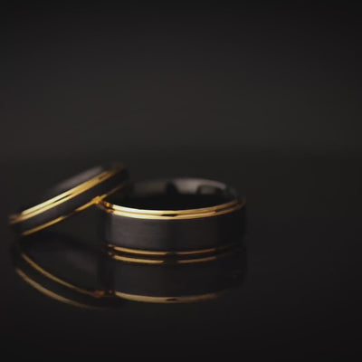 Brushed Black Tungsten Ring: 24k Gold Plated Band, 4mm Womens Wedding Ring