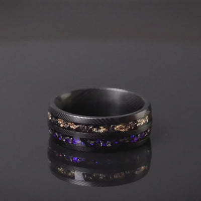 Damascus Nebula & Meteorite Crushed Gold Leaf Ring, Man Wedding Band, Damascus Black Steel Hammered Band, Blue Galaxy Meteorite, 8mm Ring