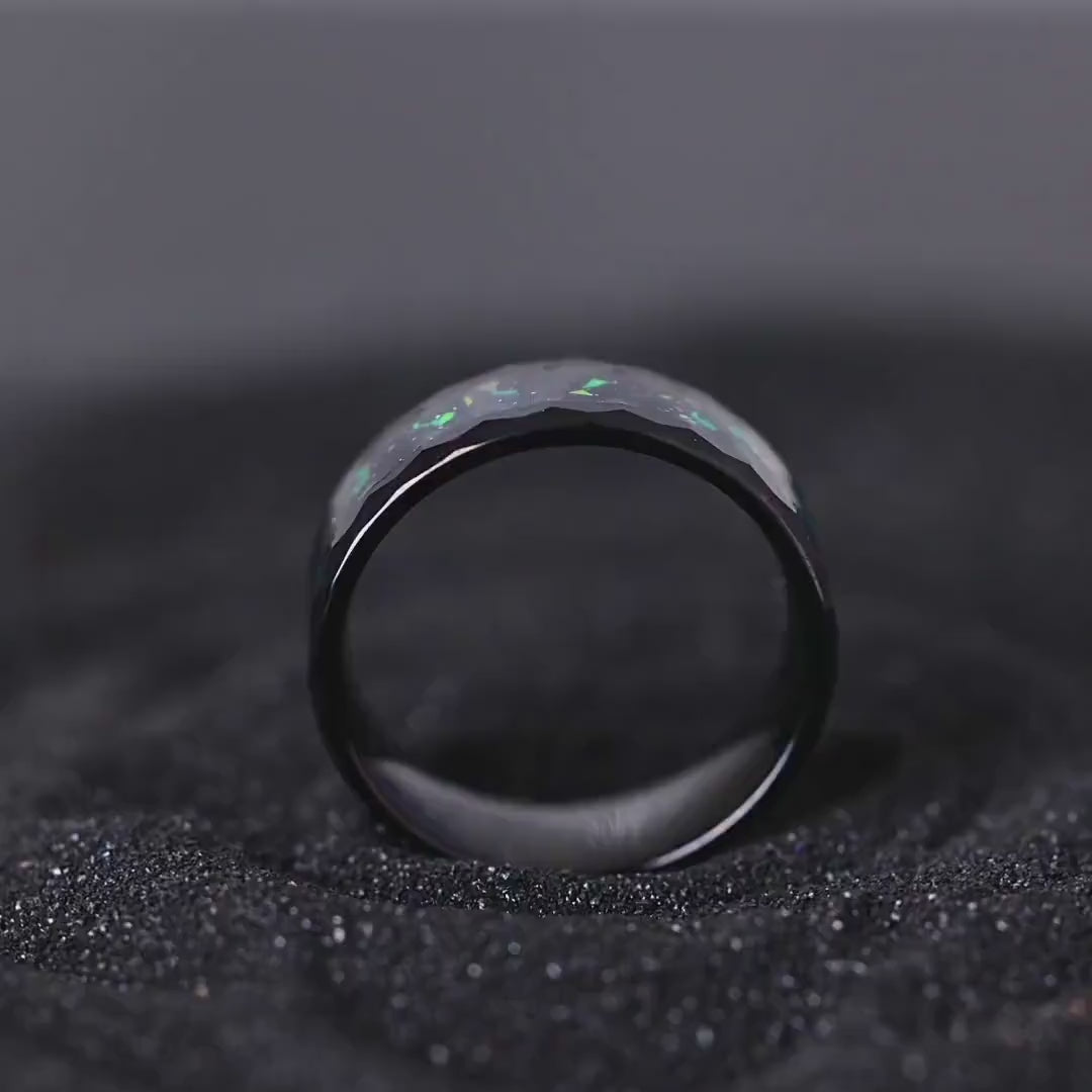 Custom Space Galaxy Ring, Pink Galaxy Ring, Pink Space Band, Hammered Custom Engraved Ring, Black Opal and Pink Sandstone Ring, 8mm