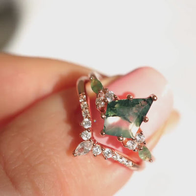 Moss Agate Ring, Natural Agate Engagement Ring in 14K Rose Gold Vermeil Kite-Cut Green Moss Agate Skye Ring, Green Gemstone Promise Ring