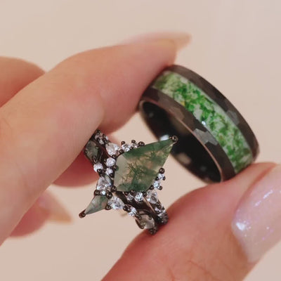 Moss Agate Ring Set, Moss Agate Couples Ring Set, His and Hers Moss Agate Rings, Couples Set Wedding Bands, Matching Rings Set