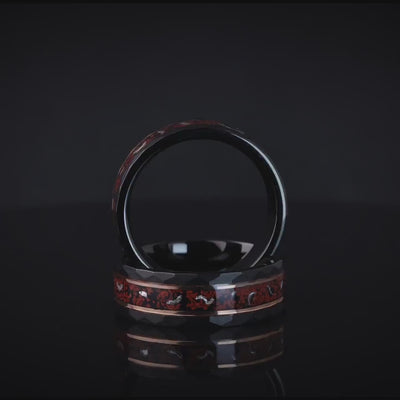 Dinosaur Stone & Meteorite Ring, Dinosaur Stone, Meteorite Ring, Black Tungsten Hammered Ring with Rose Gold inlay, 8mm