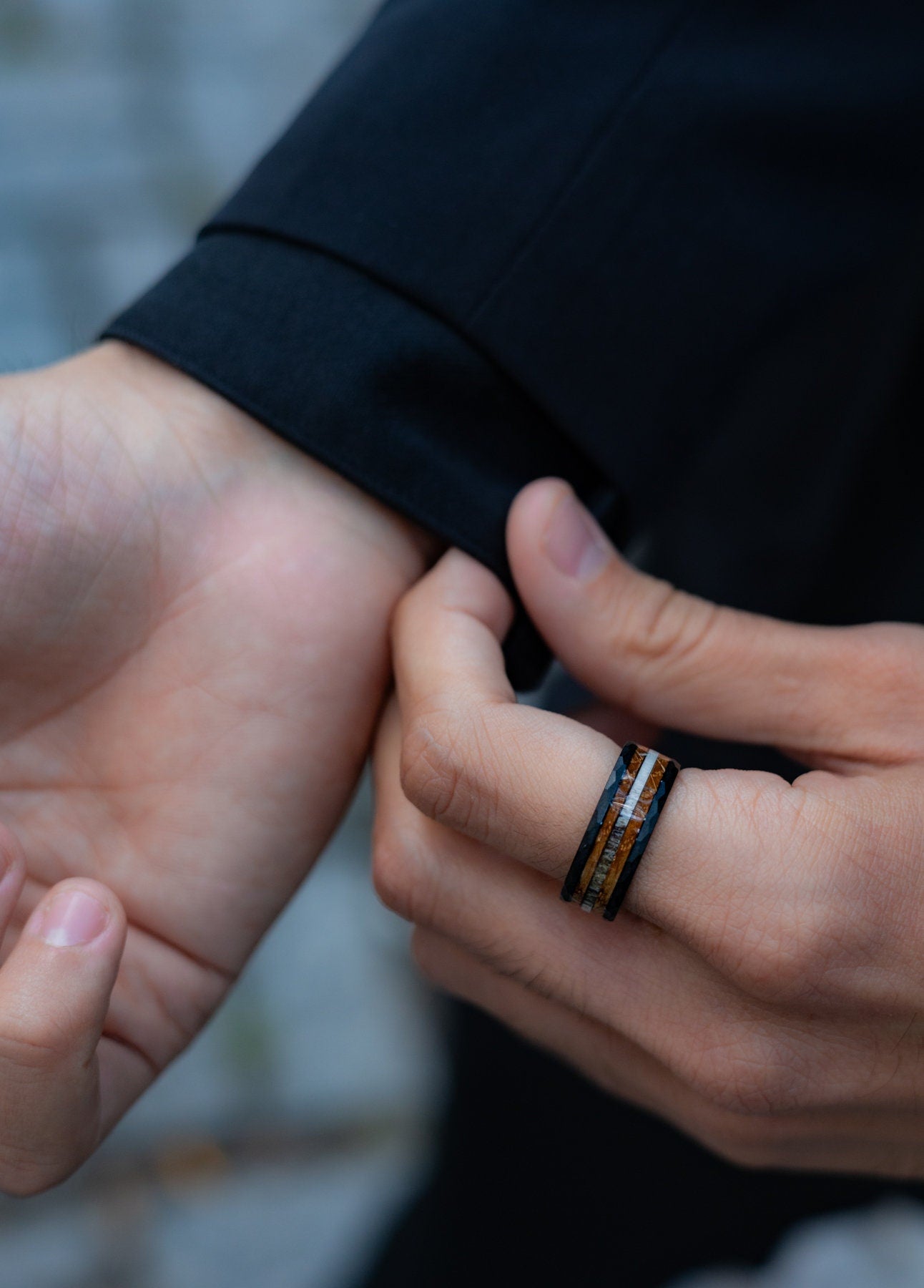 Whiskey Barrel Ring, Couples Wedding Set, Antler Hammered Ring, His Wedding Ring, Her Wedding Ring, Black Wood Ring, Couple Set, Antler Ring