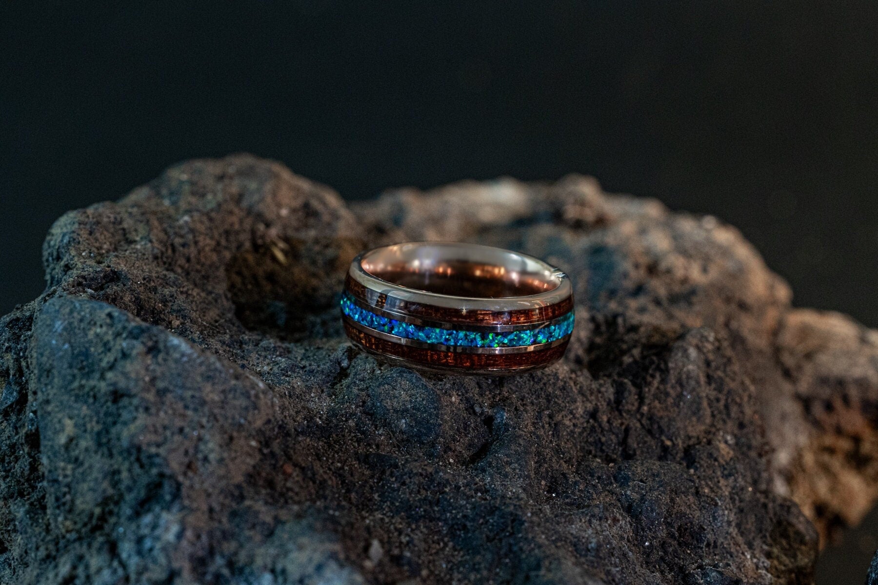 Earthen Wood - Hawaiian Koa Wood & Blue Opal Tungsten Ring, 8mm