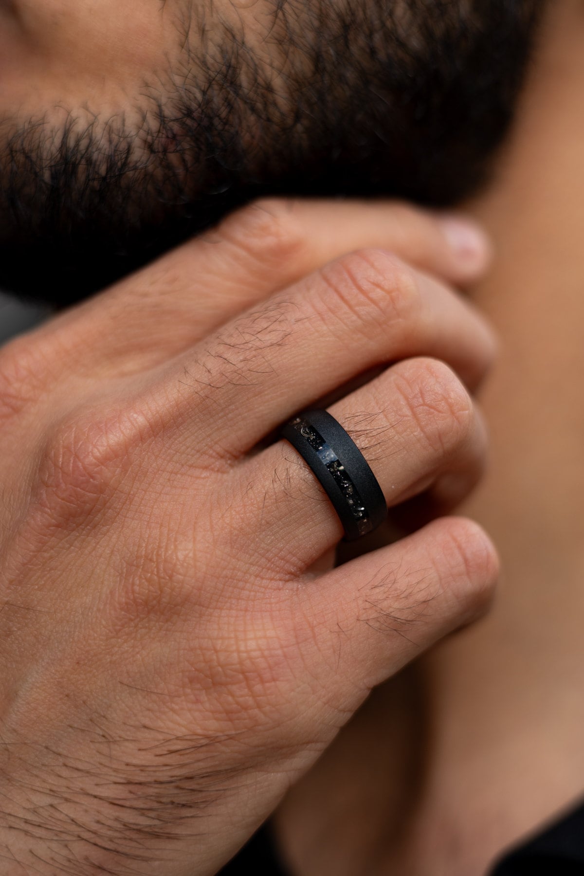 Cosmic Dust - Meteorite Ring Black, Sandblasted Brushed Meteorite Band, 8mm