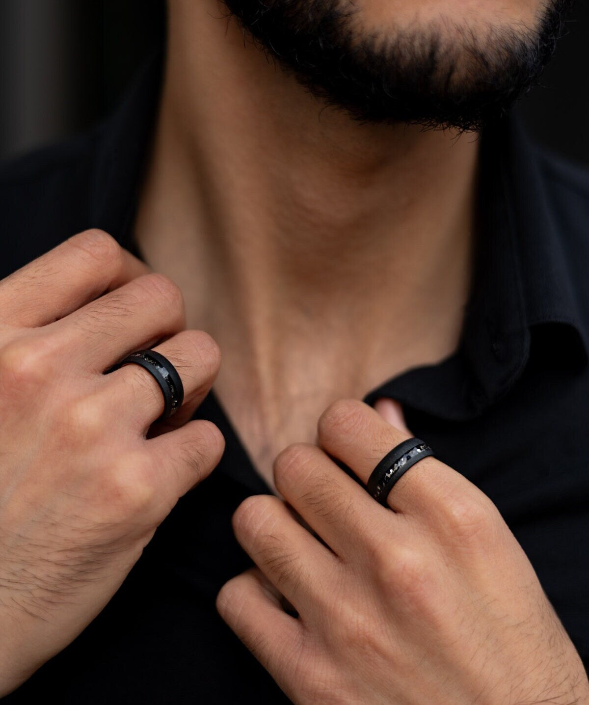 Cosmic Dust - Meteorite Ring Black, Sandblasted Brushed Meteorite Band, 8mm