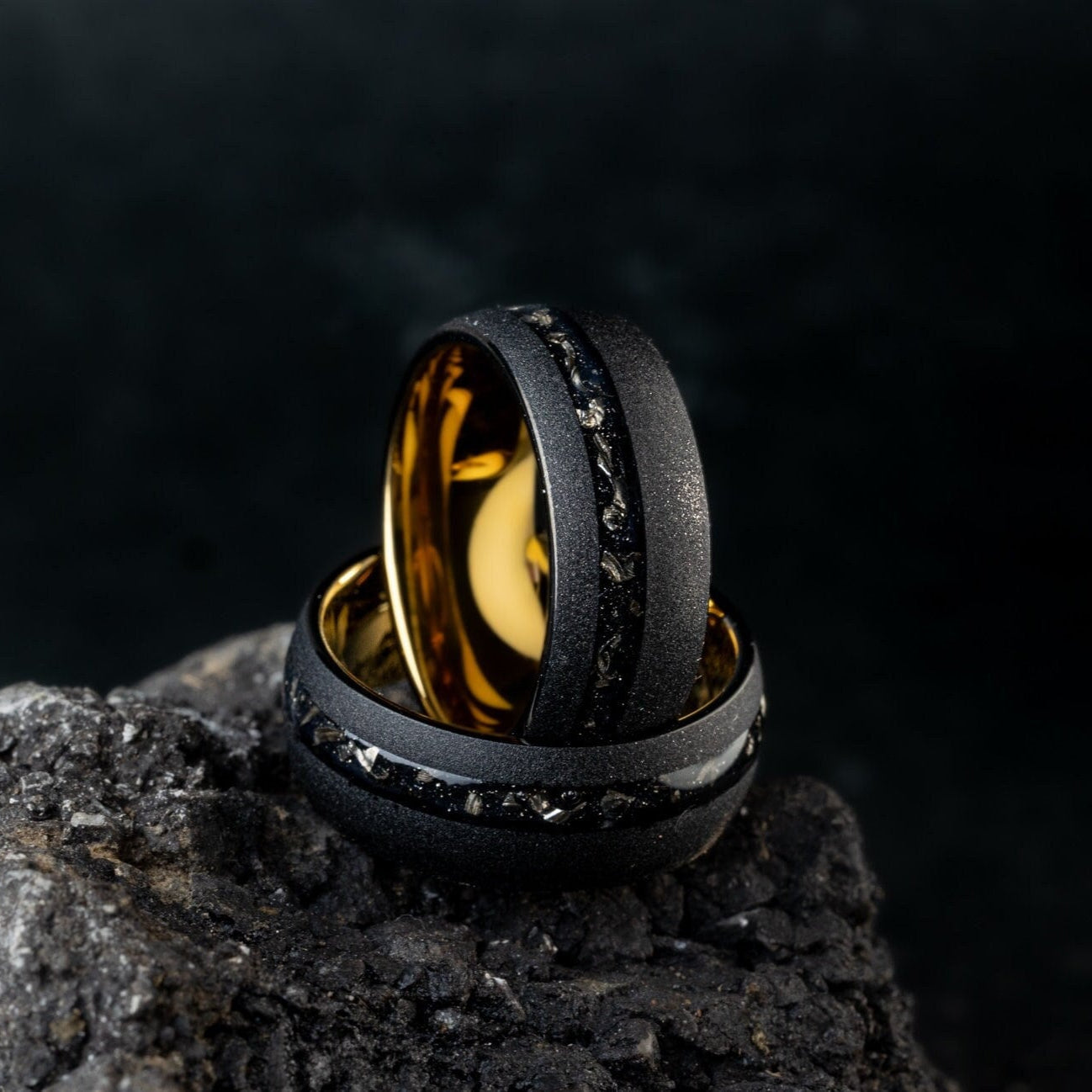 Cosmic Dust - Meteorite Ring Black, Sandblasted Brushed Meteorite Band, 8mm