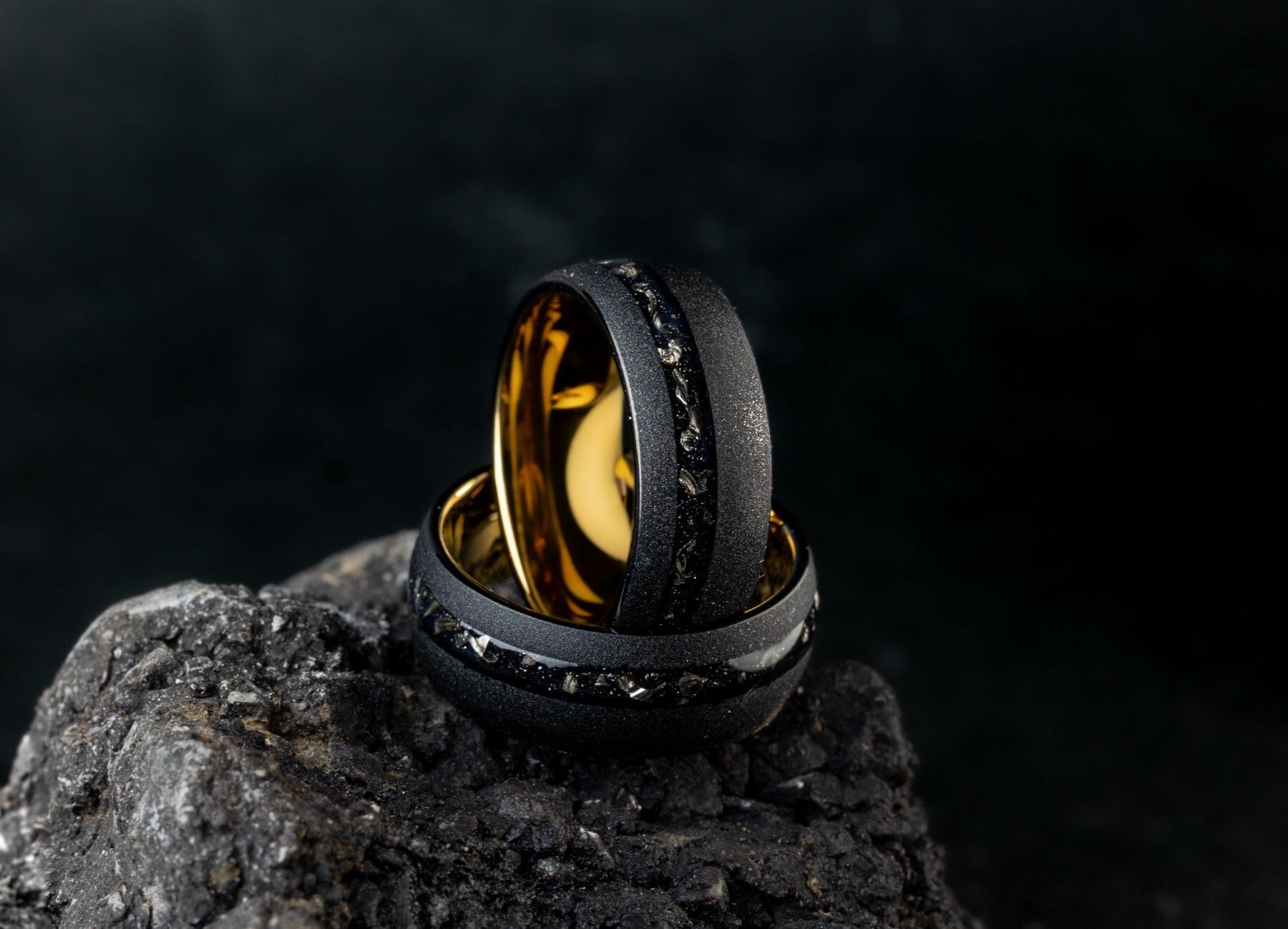 Cosmic Dust - Meteorite Ring Black, Sandblasted Brushed Meteorite Band, 8mm