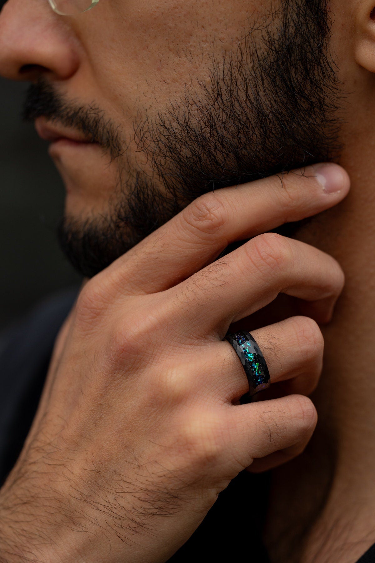 Green Galaxy - Space Galaxy Ring, Black Opal and Green Sandstone Ring, 8mm